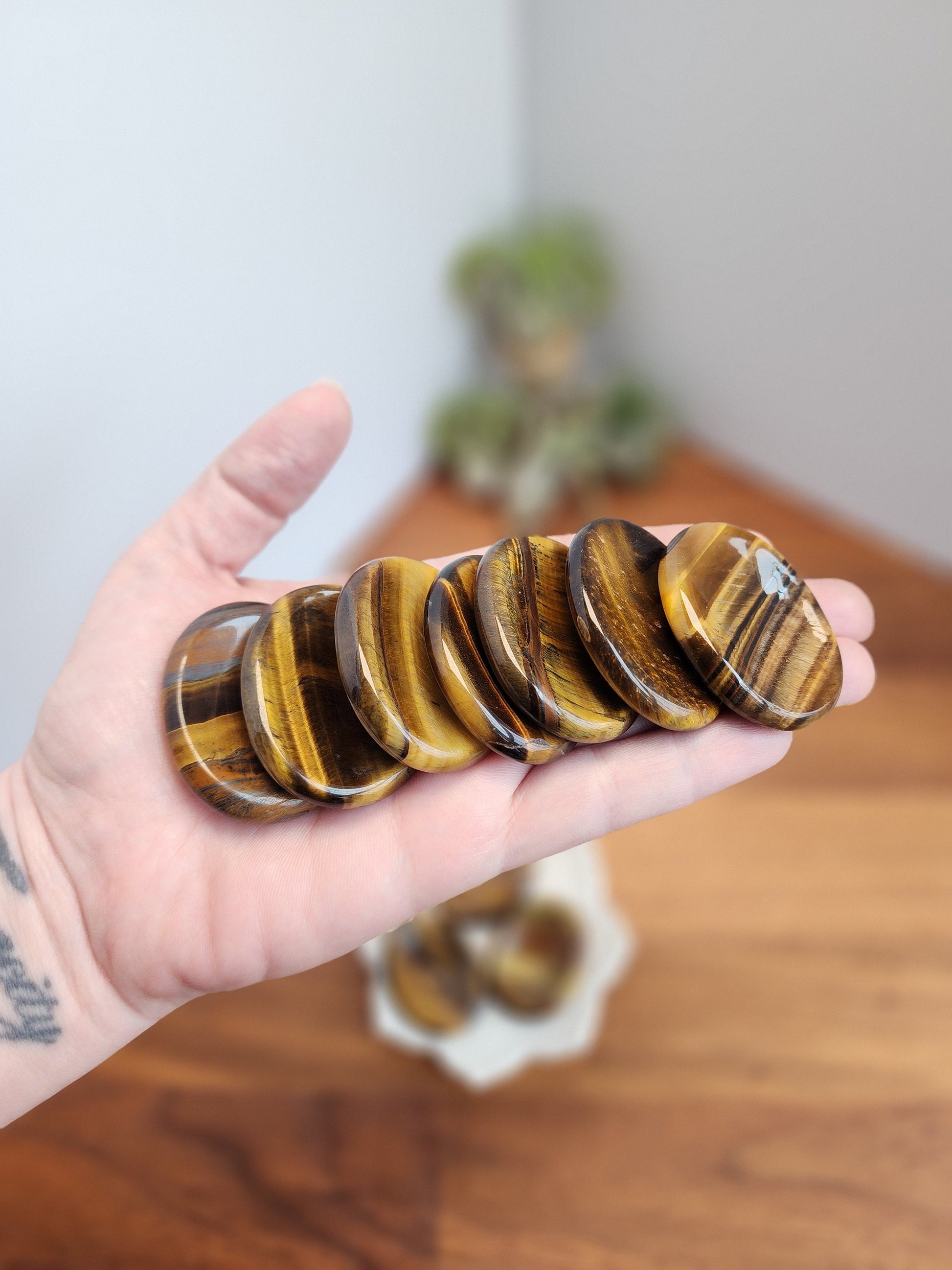 Yellow Tiger Eye Worry Stones | 1.7" | Gold Flash on wood look crystal material | Intuitively Chosen