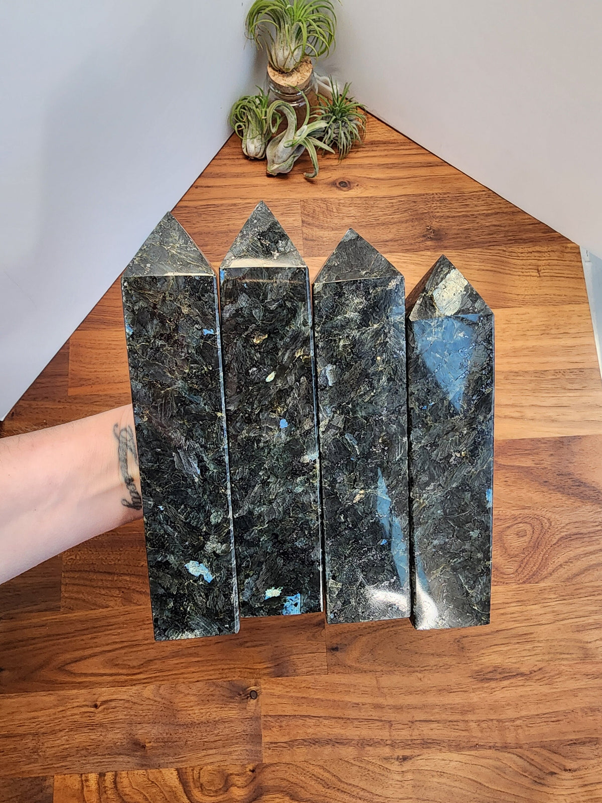 Statement Size Crystal Tower made of Flashy Larvikite | Over 7 Inch Gray, Black and Silver