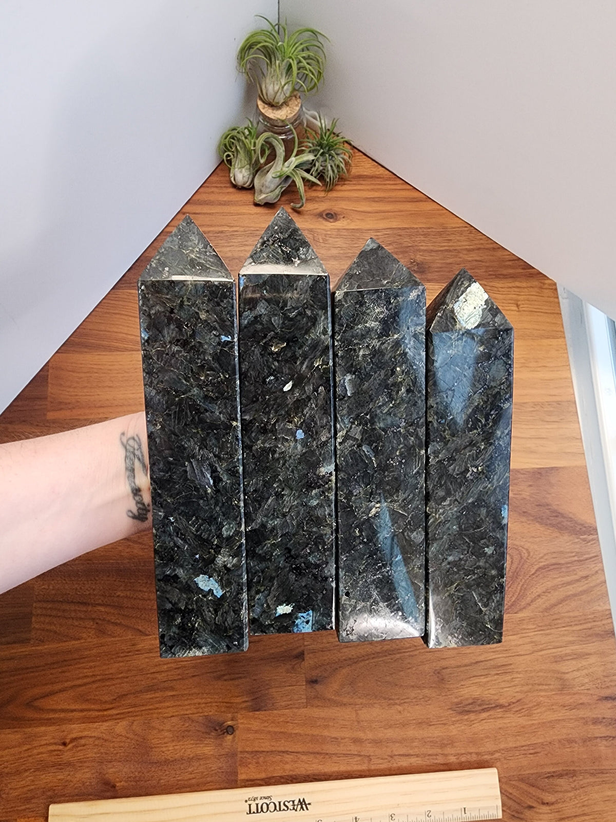 Statement Size Crystal Tower made of Flashy Larvikite | Over 7 Inch Gray, Black and Silver