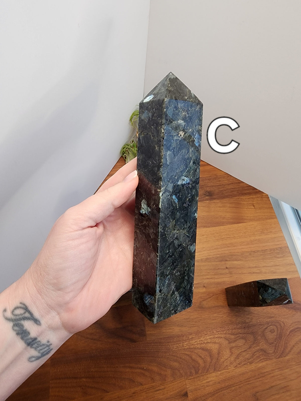 Statement Size Crystal Tower made of Flashy Larvikite | Over 7 Inch Gray, Black and Silver