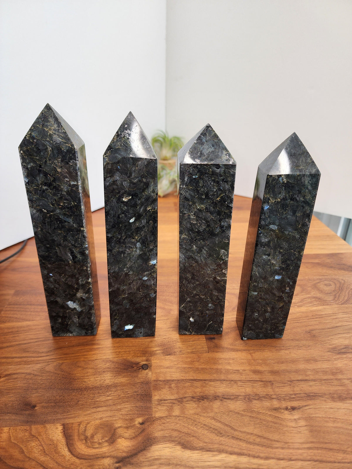 Statement Size Crystal Tower made of Flashy Larvikite | Over 7 Inch Gray, Black and Silver