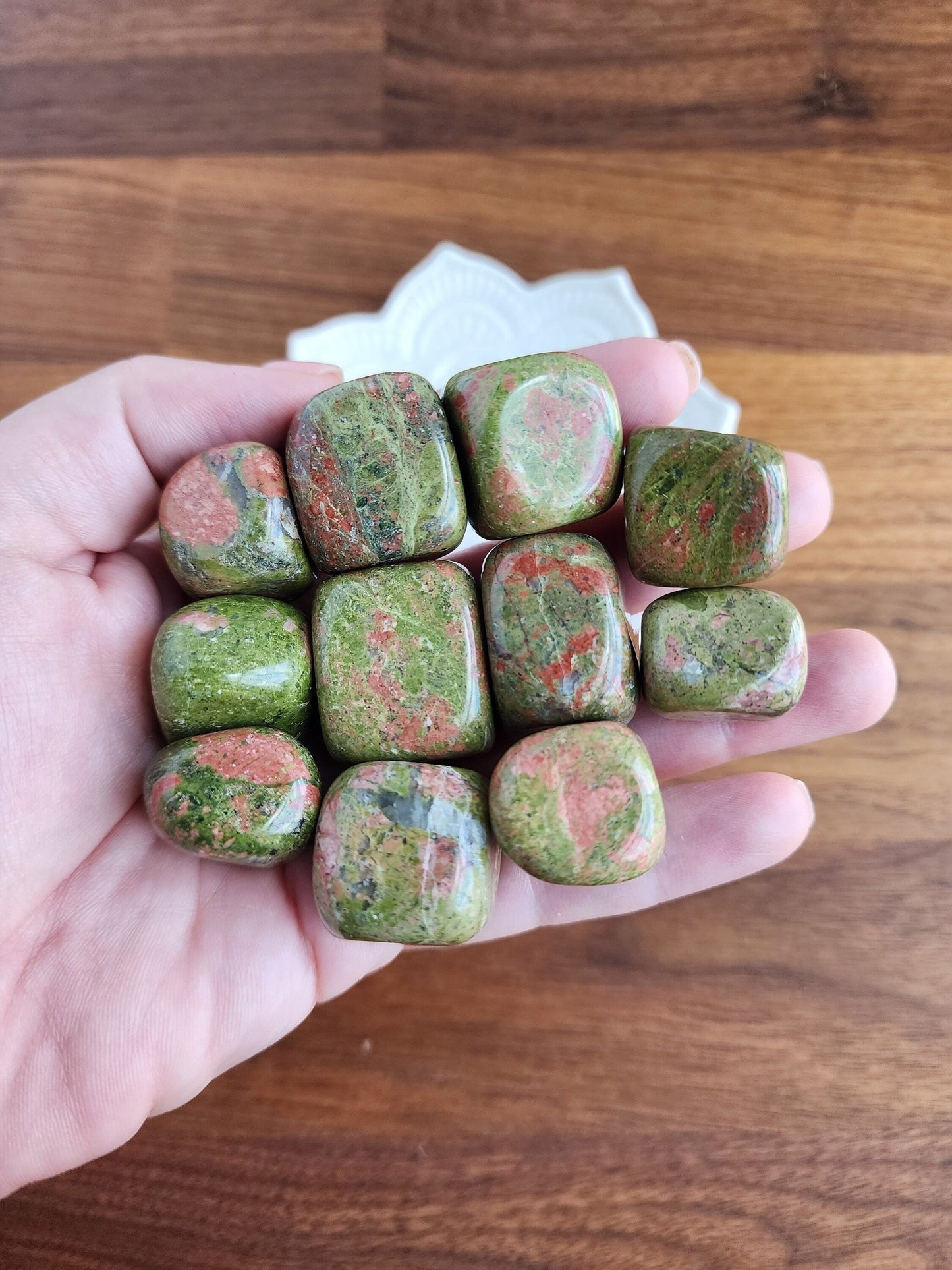 Unakite Tumbles | Medium | Autumn Harvest Crystal Confetti Add On | Olive Green and Peach Red Crystals | Grounding | Intuitively Chosen