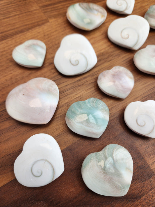 Crystal Shiva Shell Heart: Swirled White and Rainbow Colors