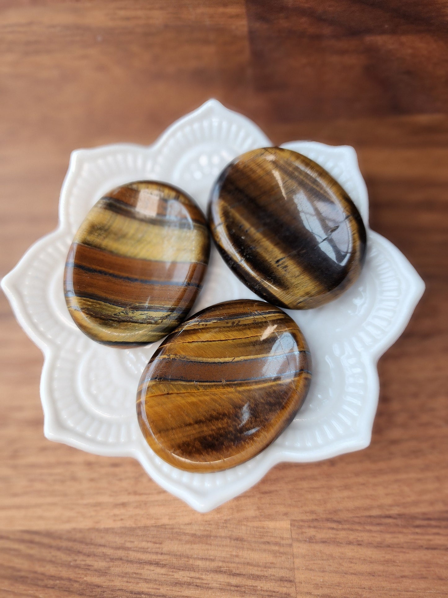 Yellow Tiger Eye Worry Stones | 1.7" | Gold Flash on wood look crystal material | Intuitively Chosen