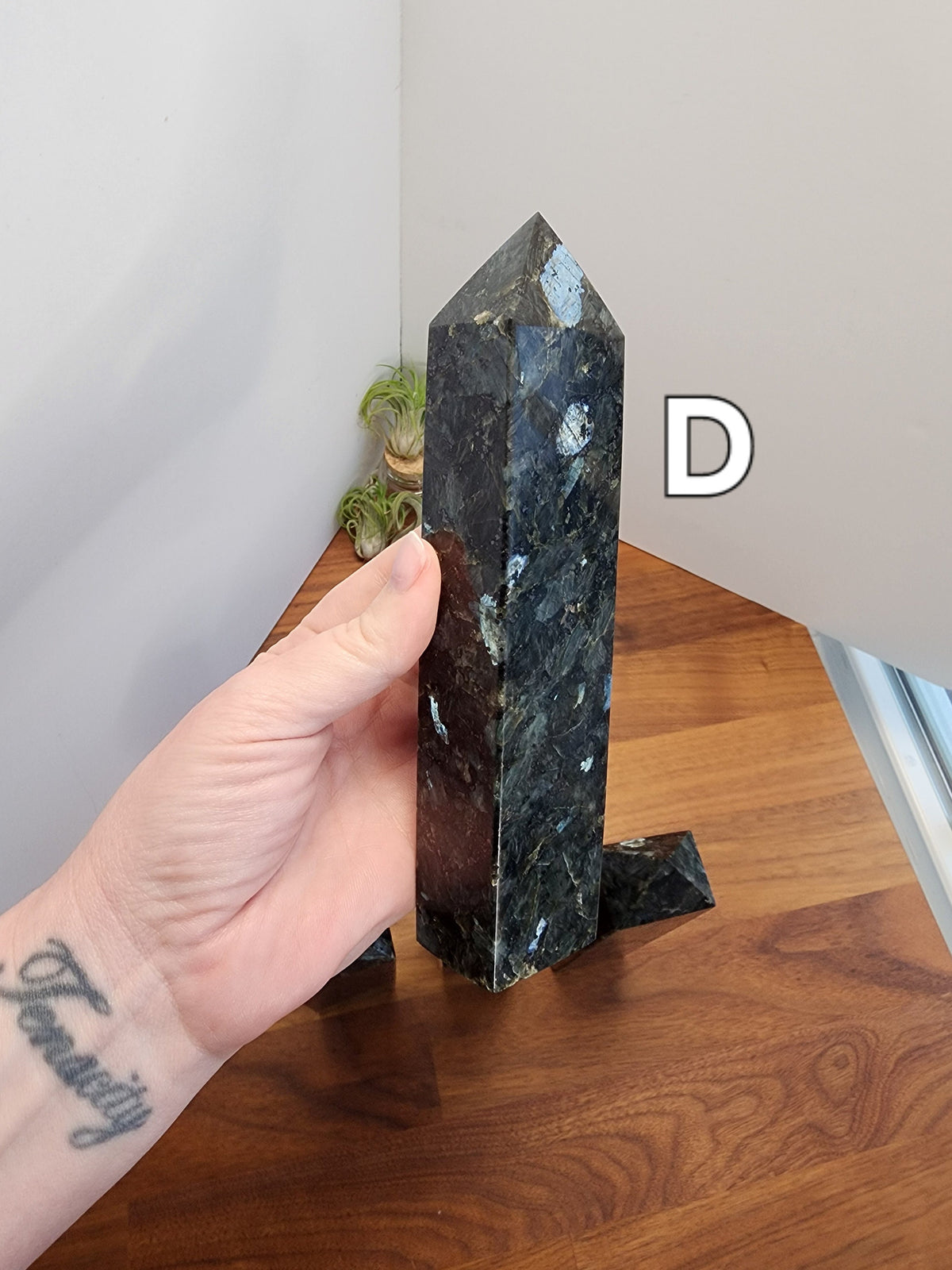 Statement Size Crystal Tower made of Flashy Larvikite | Over 7 Inch Gray, Black and Silver