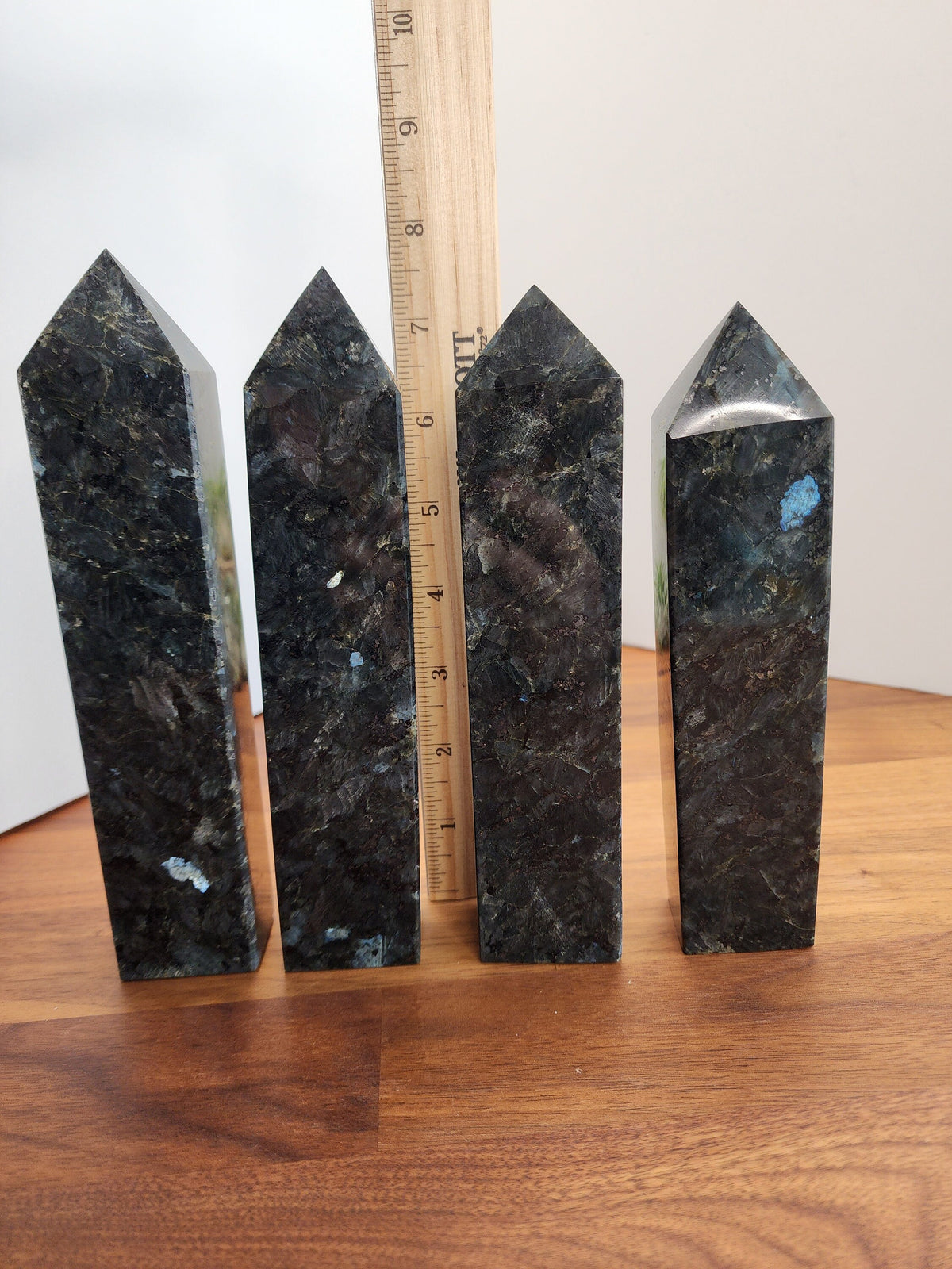 Statement Size Crystal Tower made of Flashy Larvikite | Over 7 Inch Gray, Black and Silver