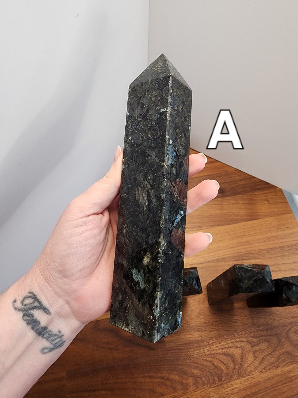 Statement Size Crystal Tower made of Flashy Larvikite | Over 7 Inch Gray, Black and Silver