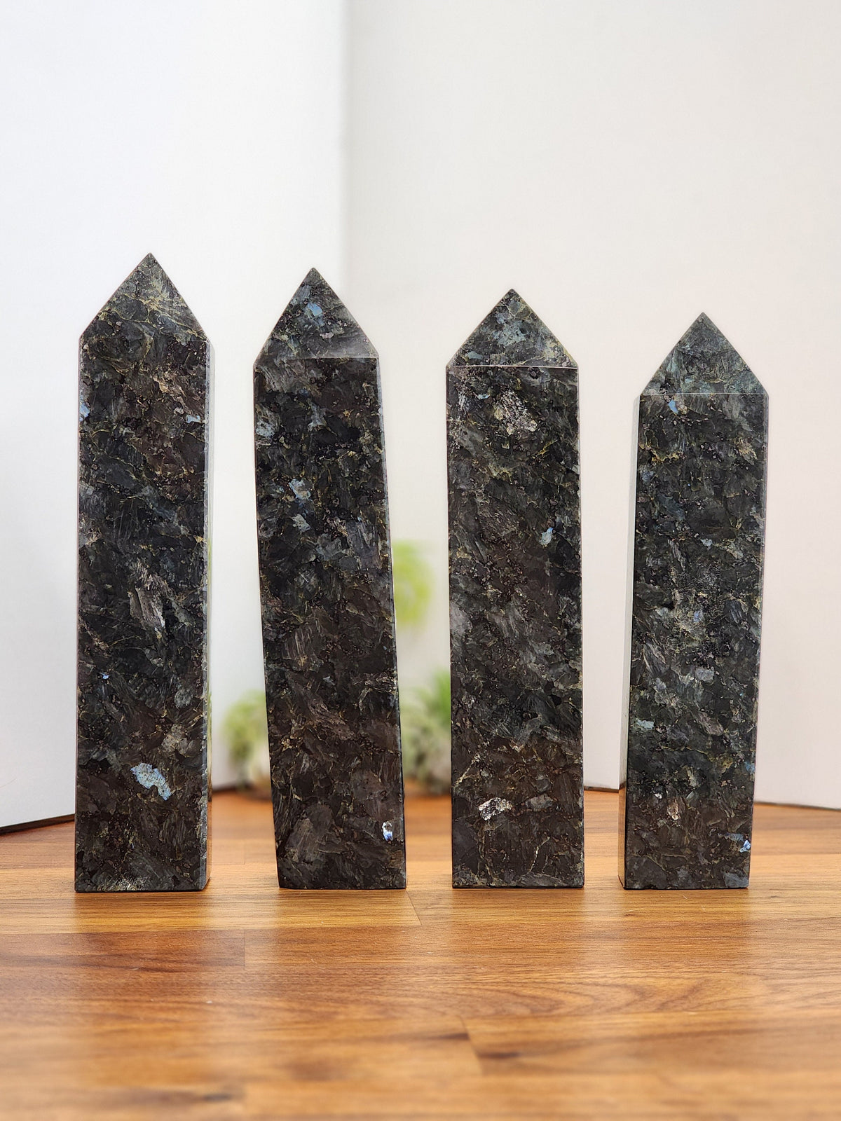 Statement Size Crystal Tower made of Flashy Larvikite | Over 7 Inch Gray, Black and Silver