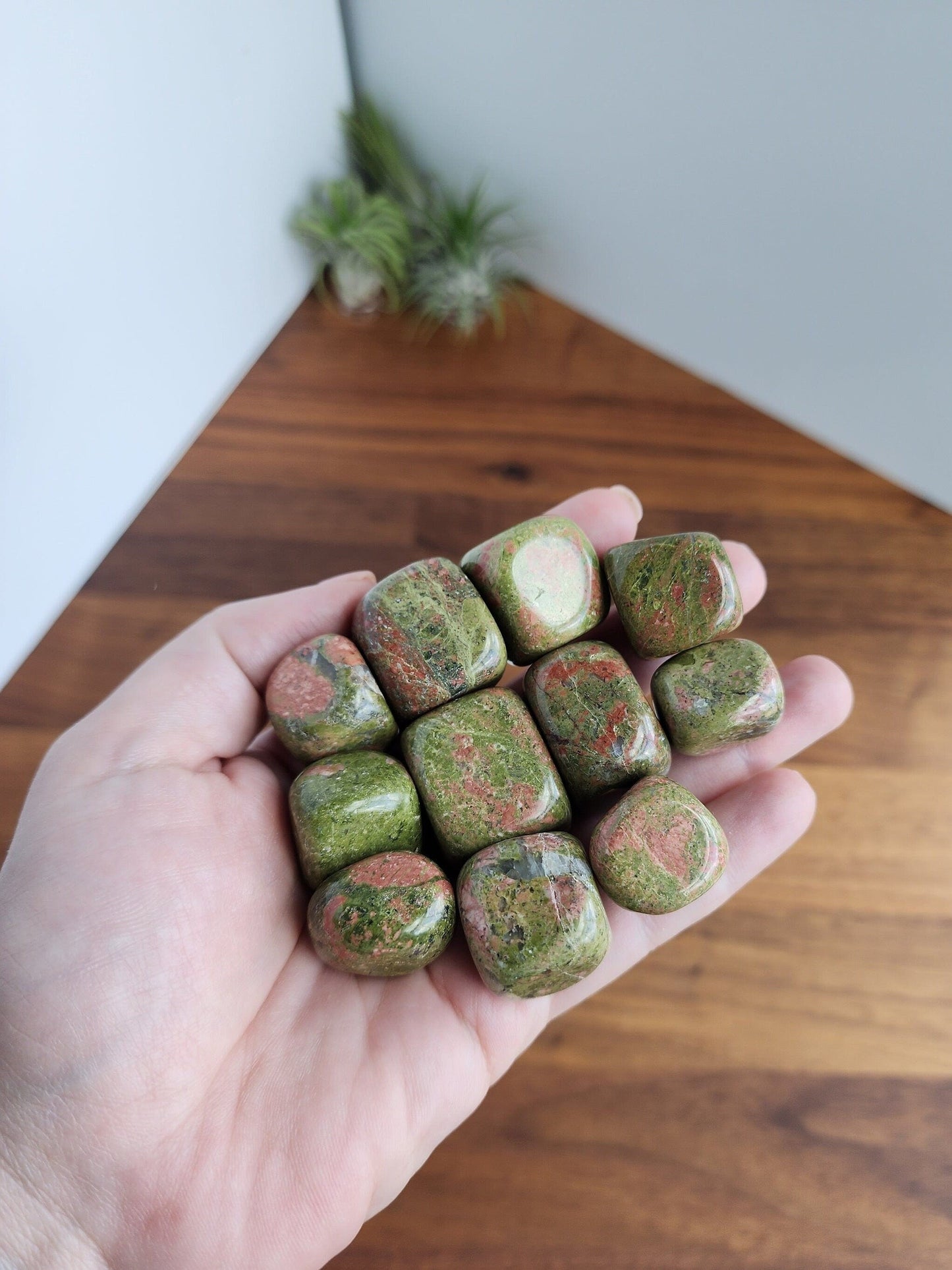 Unakite Tumbles | Medium | Autumn Harvest Crystal Confetti Add On | Olive Green and Peach Red Crystals | Grounding | Intuitively Chosen