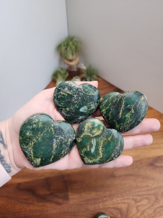 Green Mica Crystal Heart: Emerald Green with Yellow Inclusions (2")