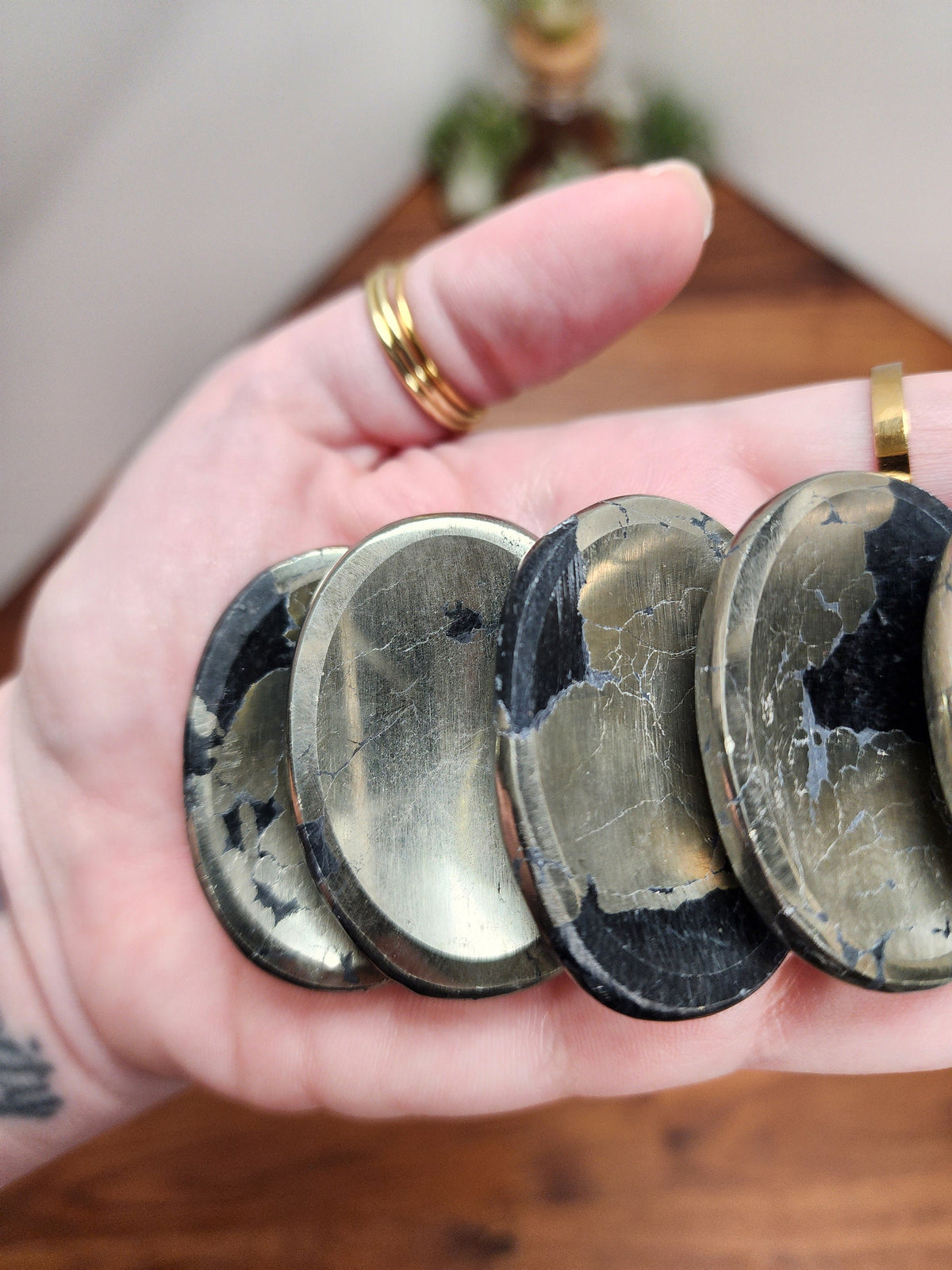 Pyrite Worry Stone | 1.77" | Fools Gold | Black Inclusions | Father's Day Gifts | 2024 | Pocket Crystals | ADHD Fidget | Intuitively Chosen