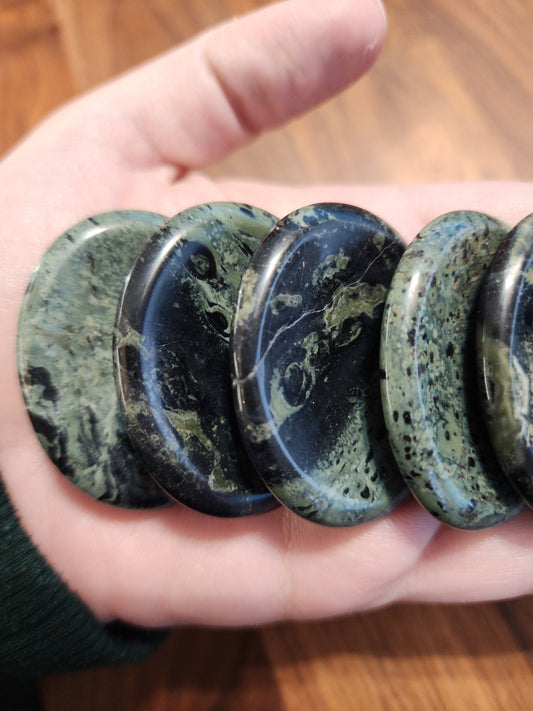 Kambaba Worry Stone | 1.77" | Crocodile Jasper | Green and Black Calming Swirls | Pocket Crystals | ADHD Fidget | Intuitively Chosen