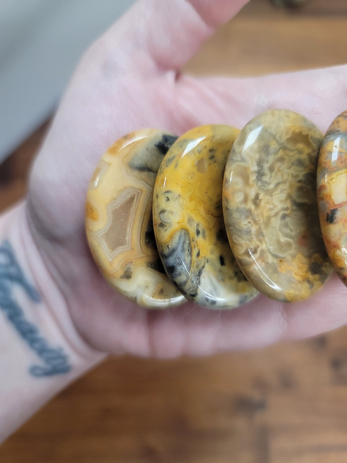 Yellow Crazy Lace Worry Stone: Marbled Pocket Crystal, ADHD Fidget (1.77")