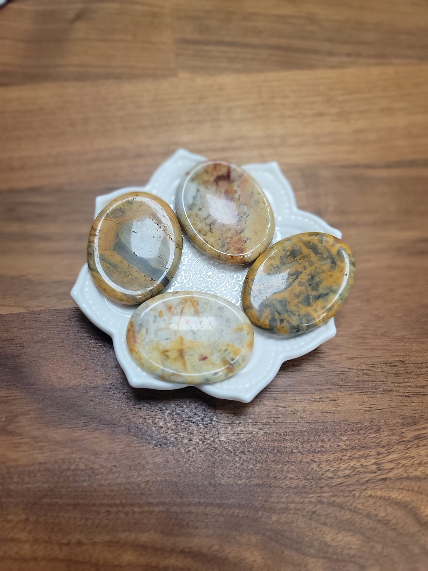 Yellow Crazy Lace Worry Stone: Marbled Pocket Crystal, ADHD Fidget (1.77")