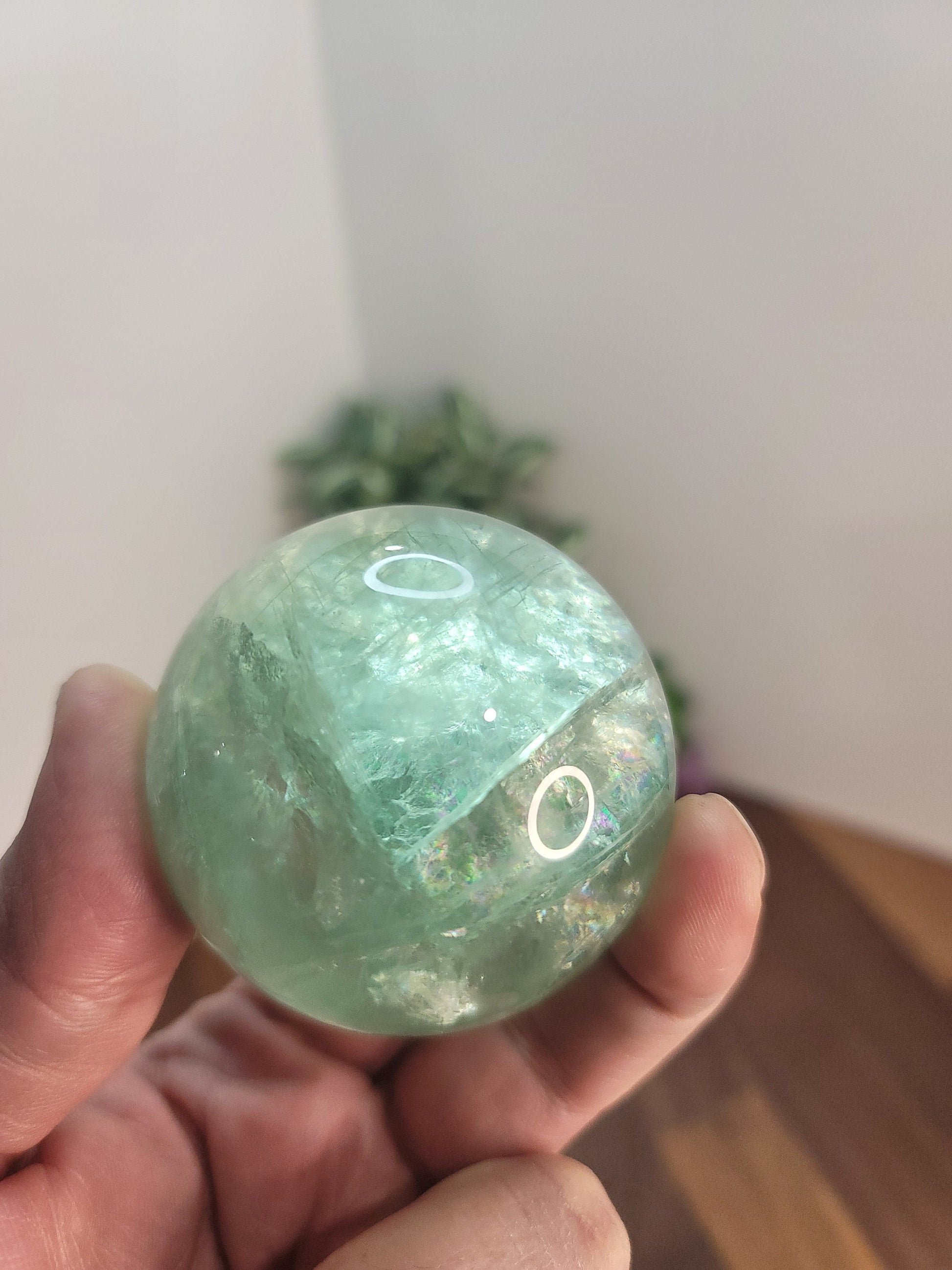 Green Fluorite Sphere: Rainbow Flash Crystal, 63mm