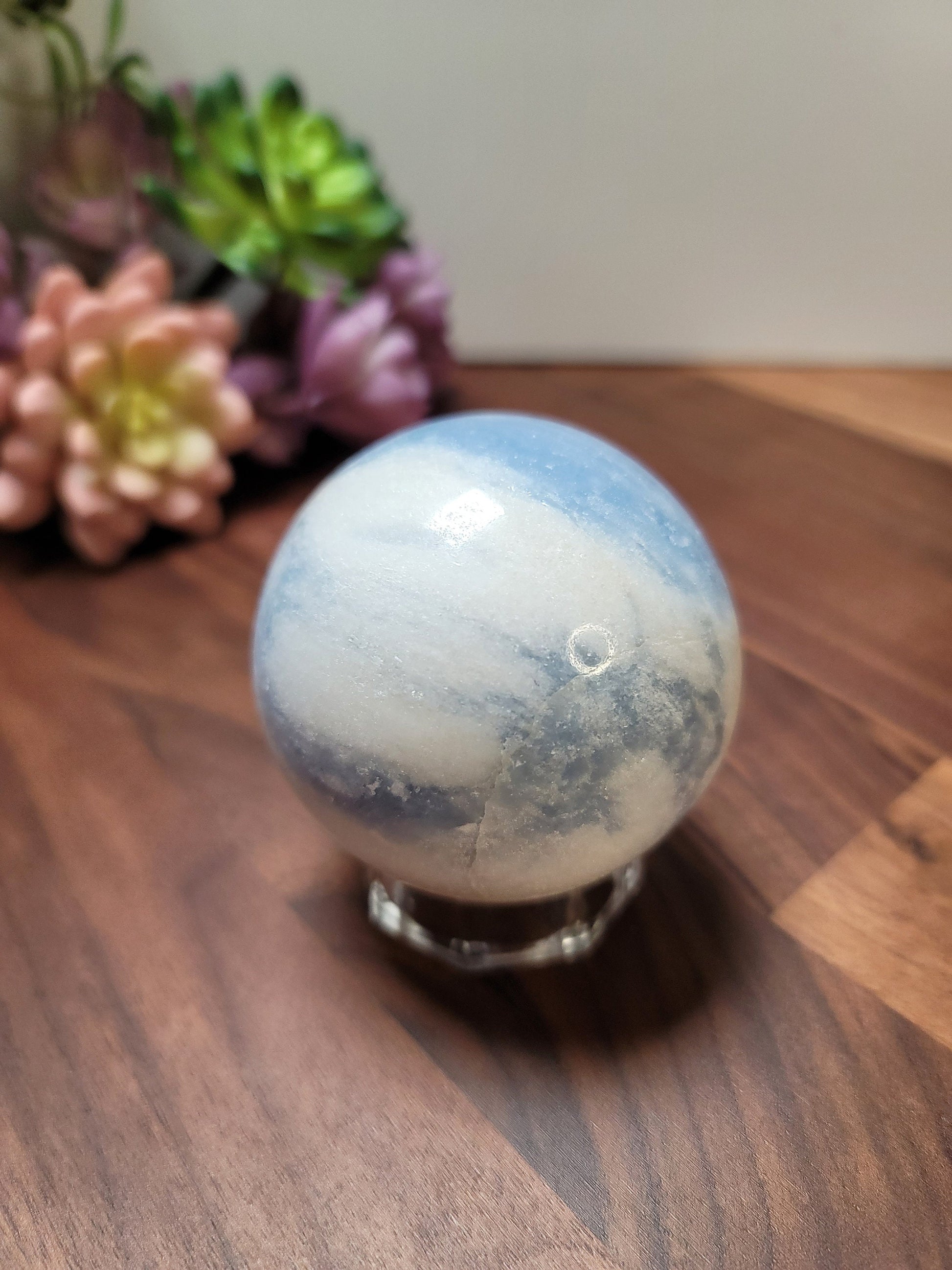 Blue Calcite Sphere: 69mm Crystal with White Quartz Swirls