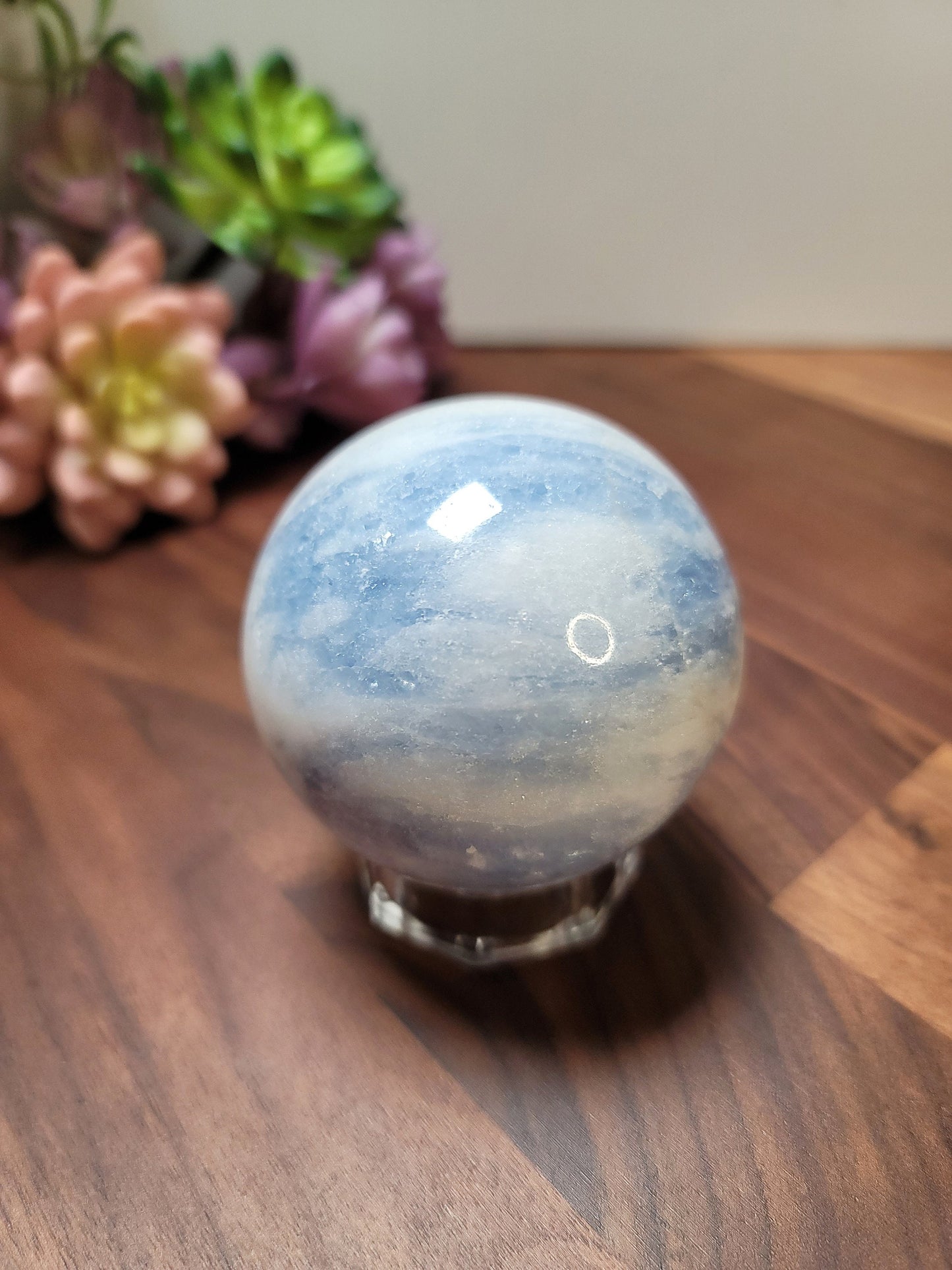 Blue Calcite Sphere: 69mm Crystal with White Quartz Swirls