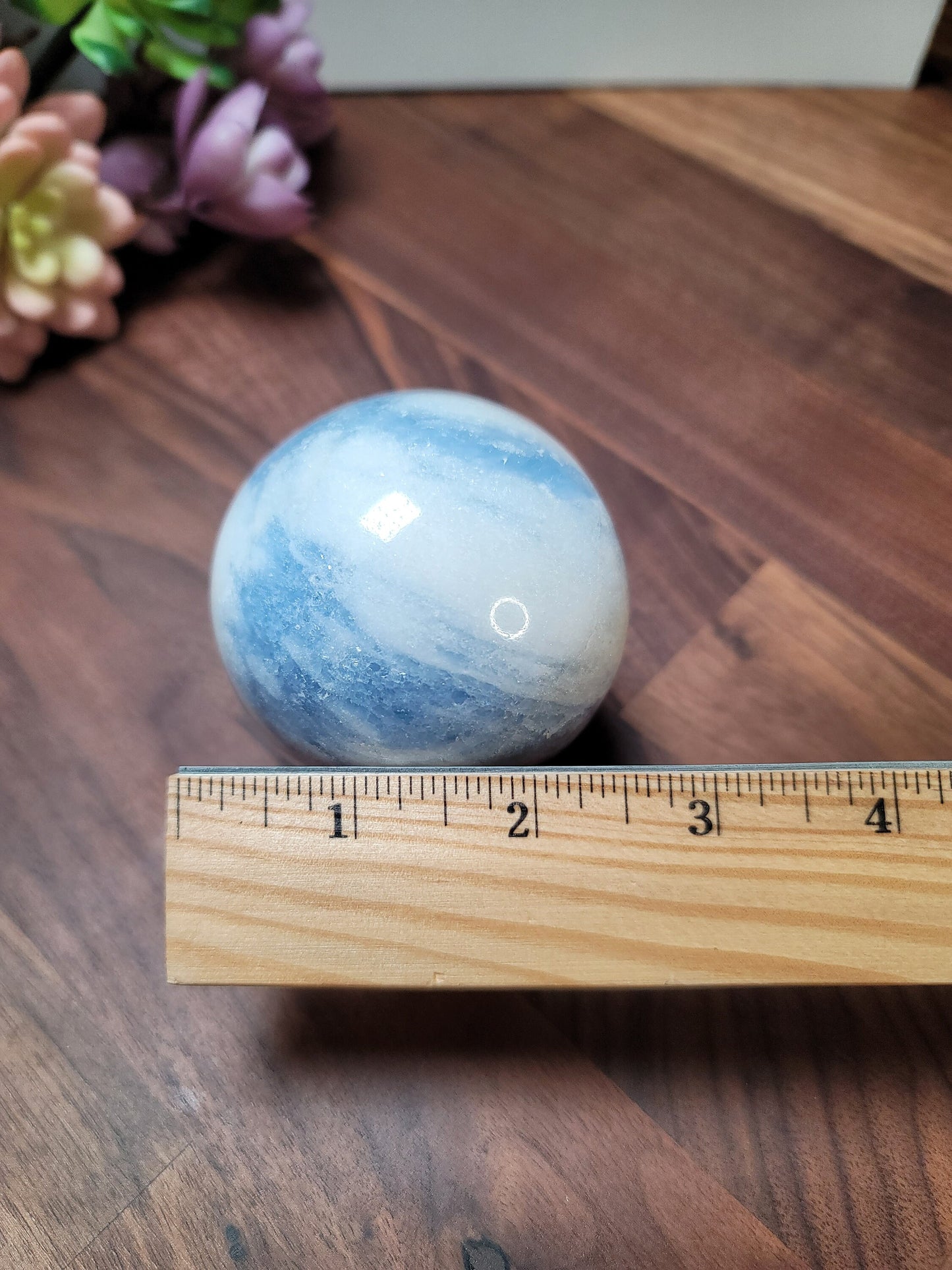 Blue Calcite Sphere: 69mm Crystal with White Quartz Swirls