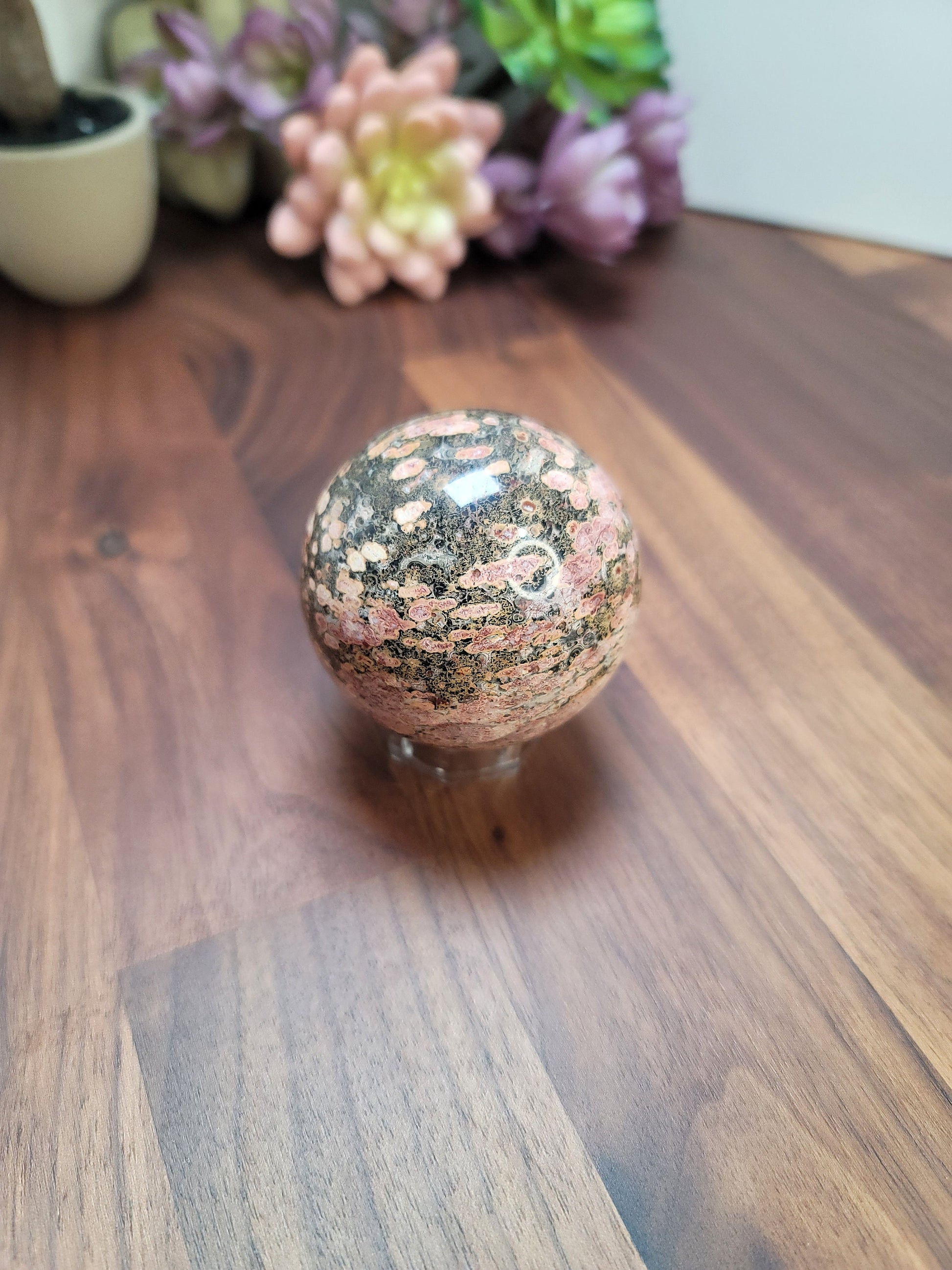 Leopardite Sphere: Pink, Red, Green Leopard Skin Jasper (58 MM)