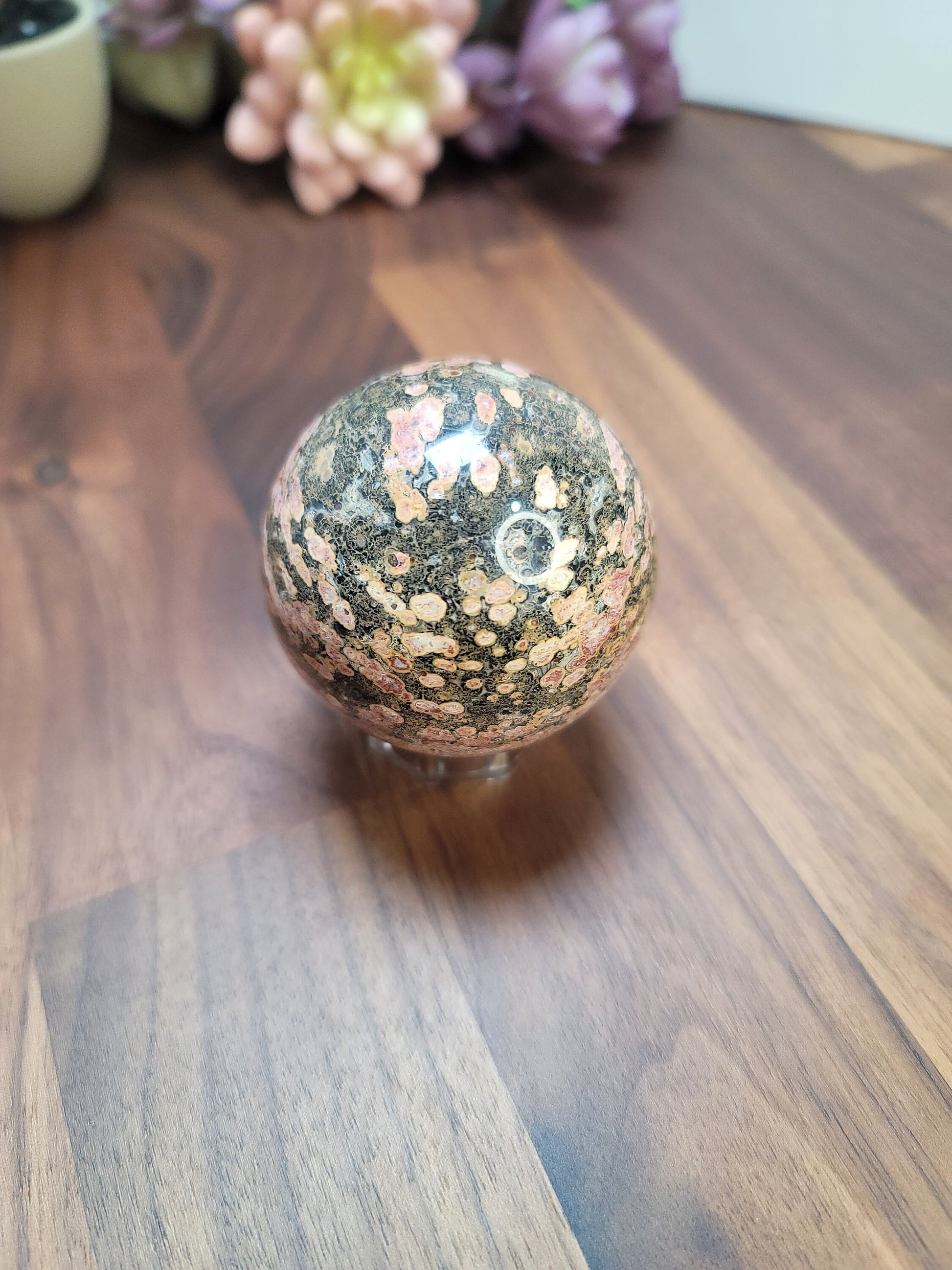 Leopardite Sphere: Pink, Red, Green Leopard Skin Jasper (58 MM)