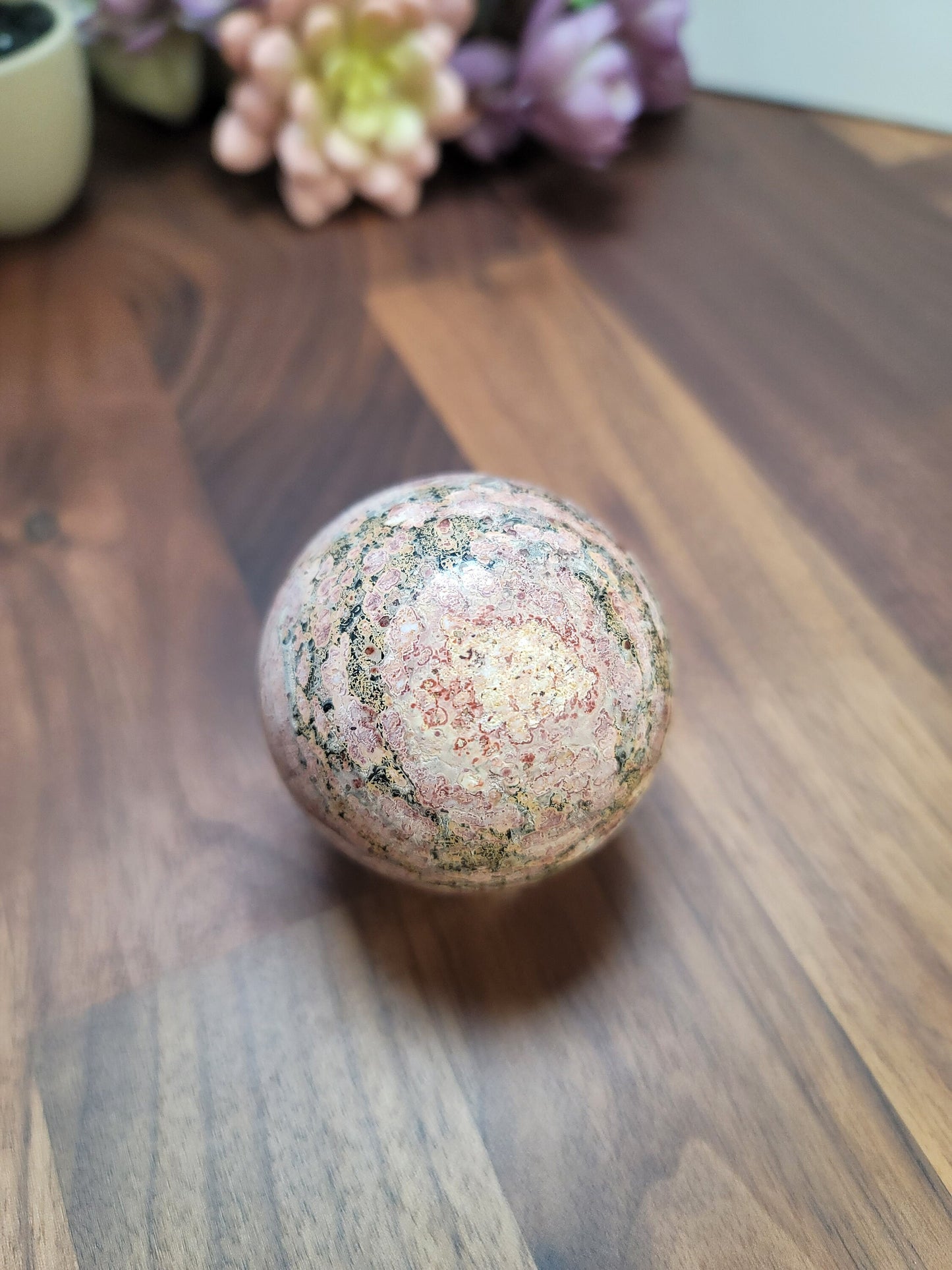 Leopardite Sphere: Pink, Red, Green Leopard Skin Jasper (58 MM)
