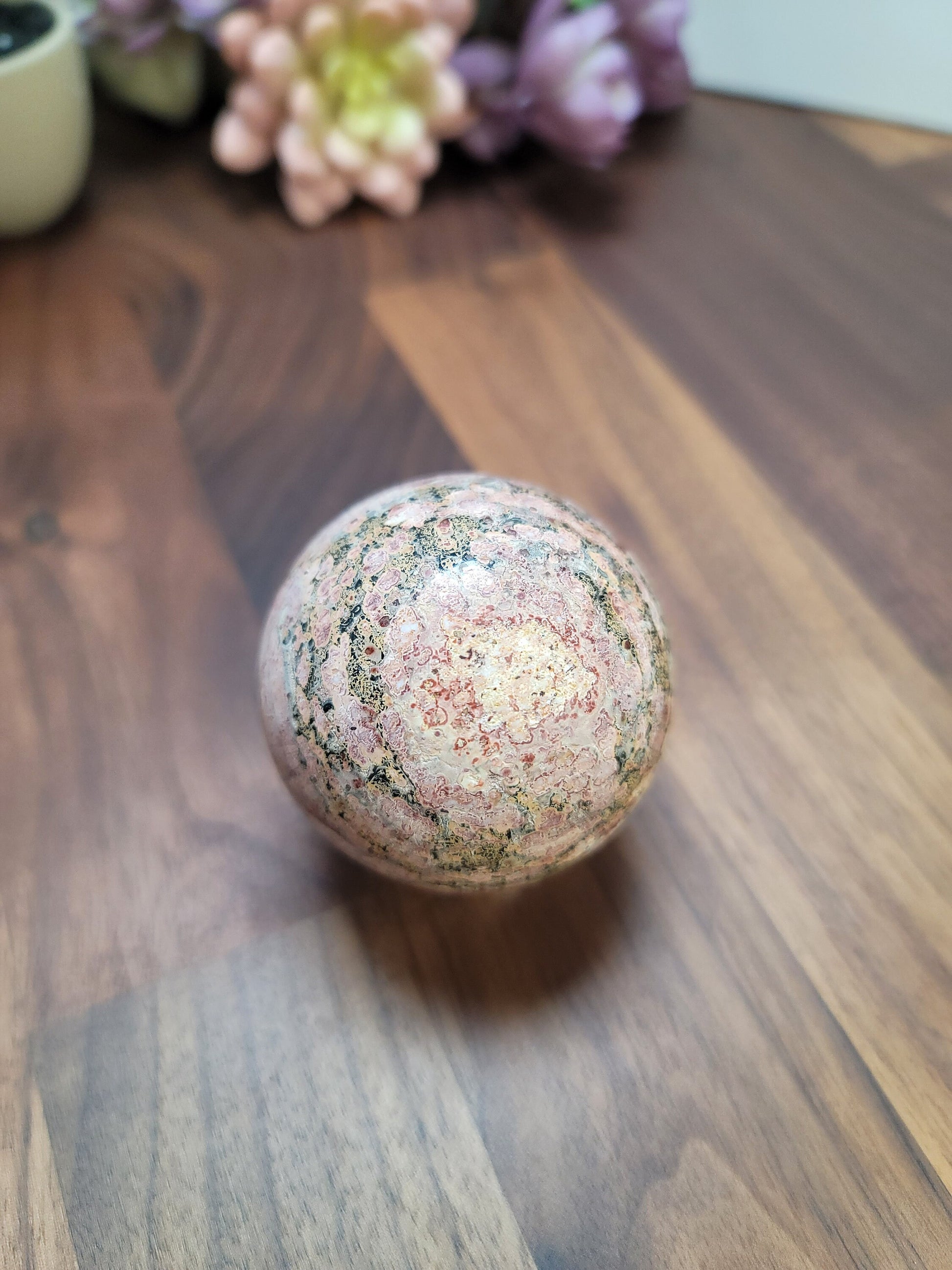 Leopardite Sphere: Pink, Red, Green Leopard Skin Jasper (58 MM)