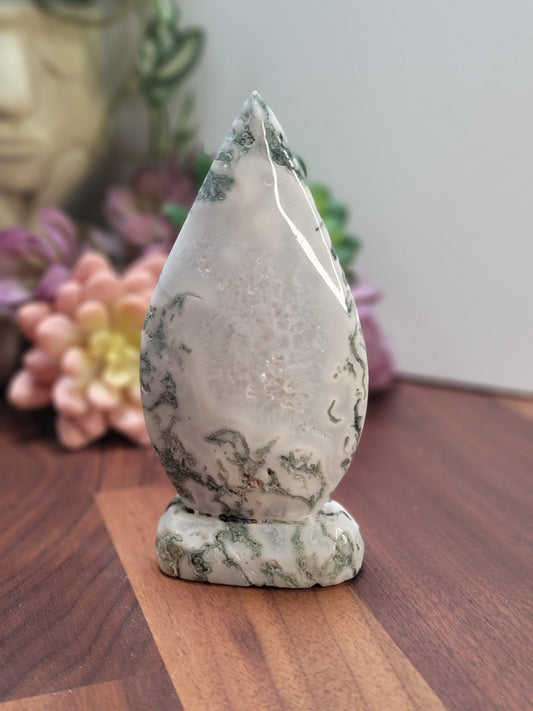 Moss Agate Crystal Carving: Green & White Druzy Bella