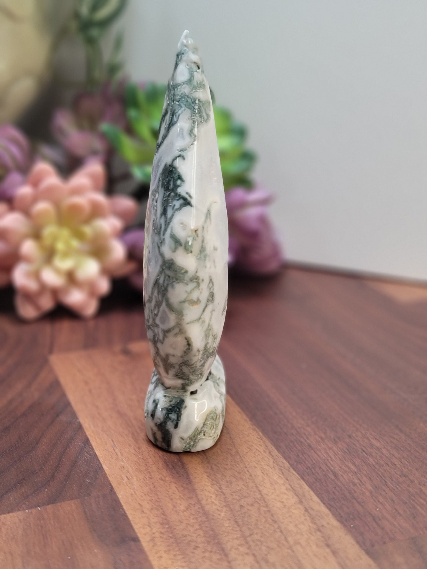 Moss Agate Crystal Carving: Green & White Druzy Bella