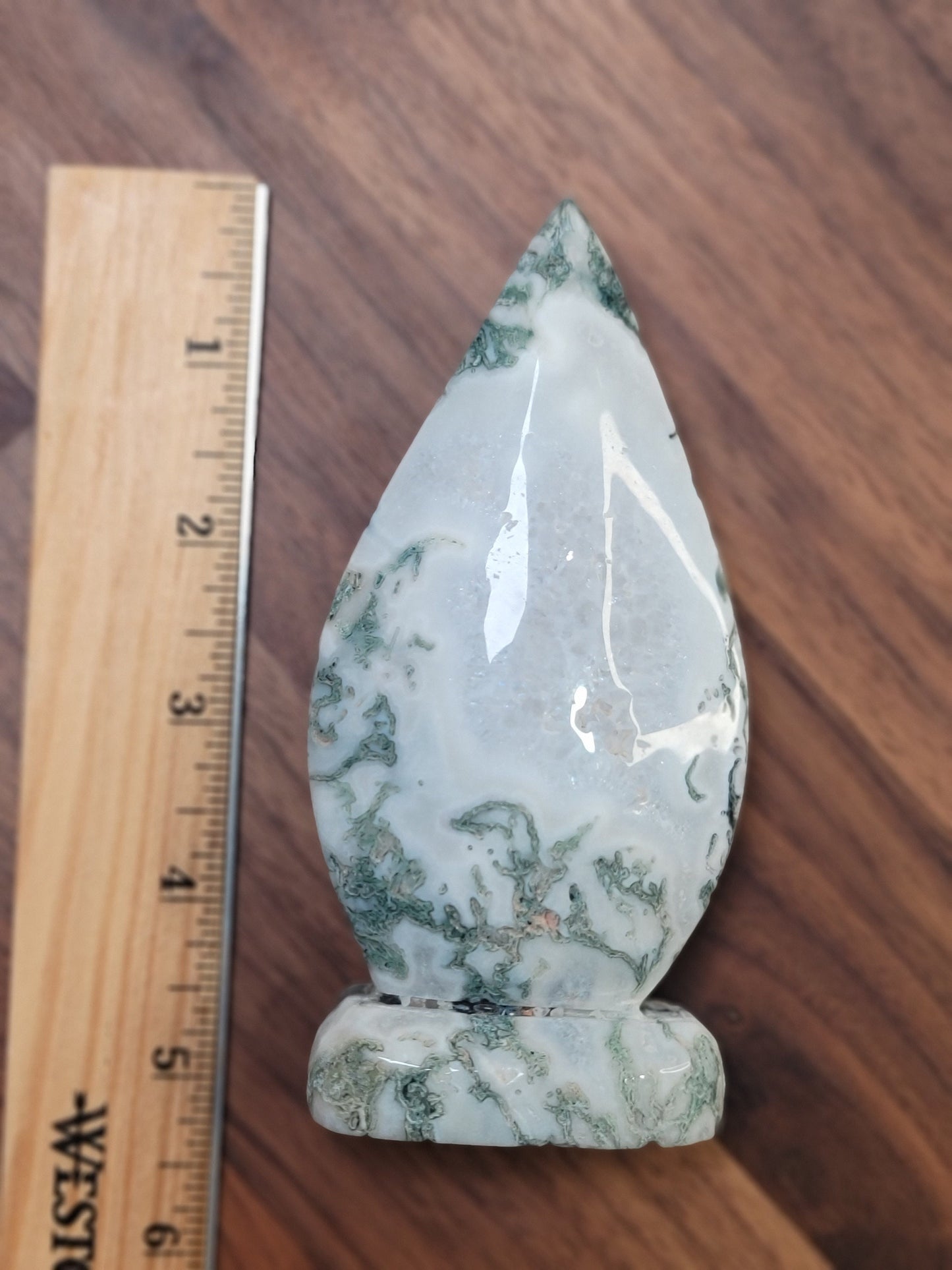 Moss Agate Crystal Carving: Green & White Druzy Bella