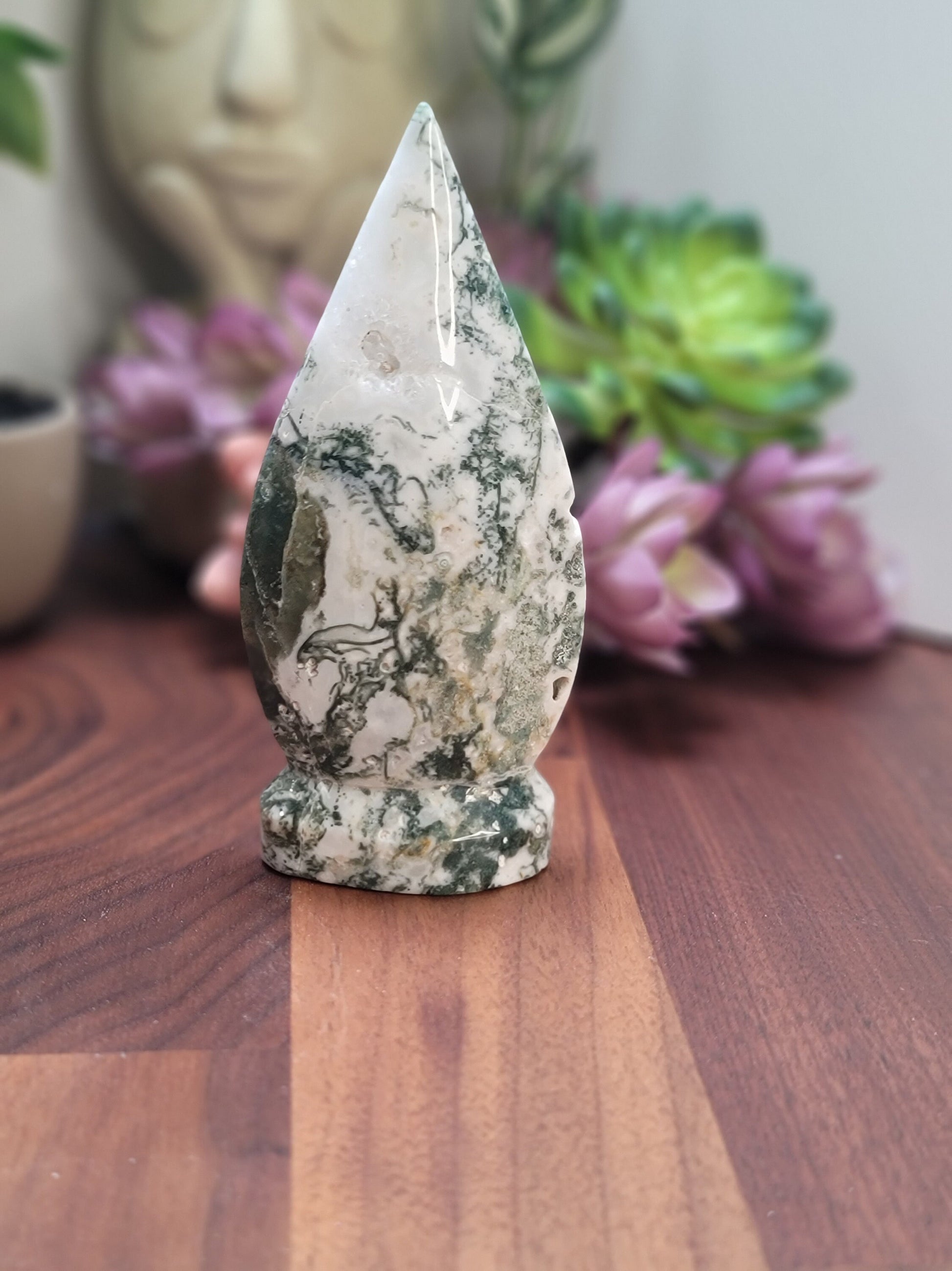 Moss Agate Crystal Flame, Druzy Quartz (Large 4.8in x 2.2in)