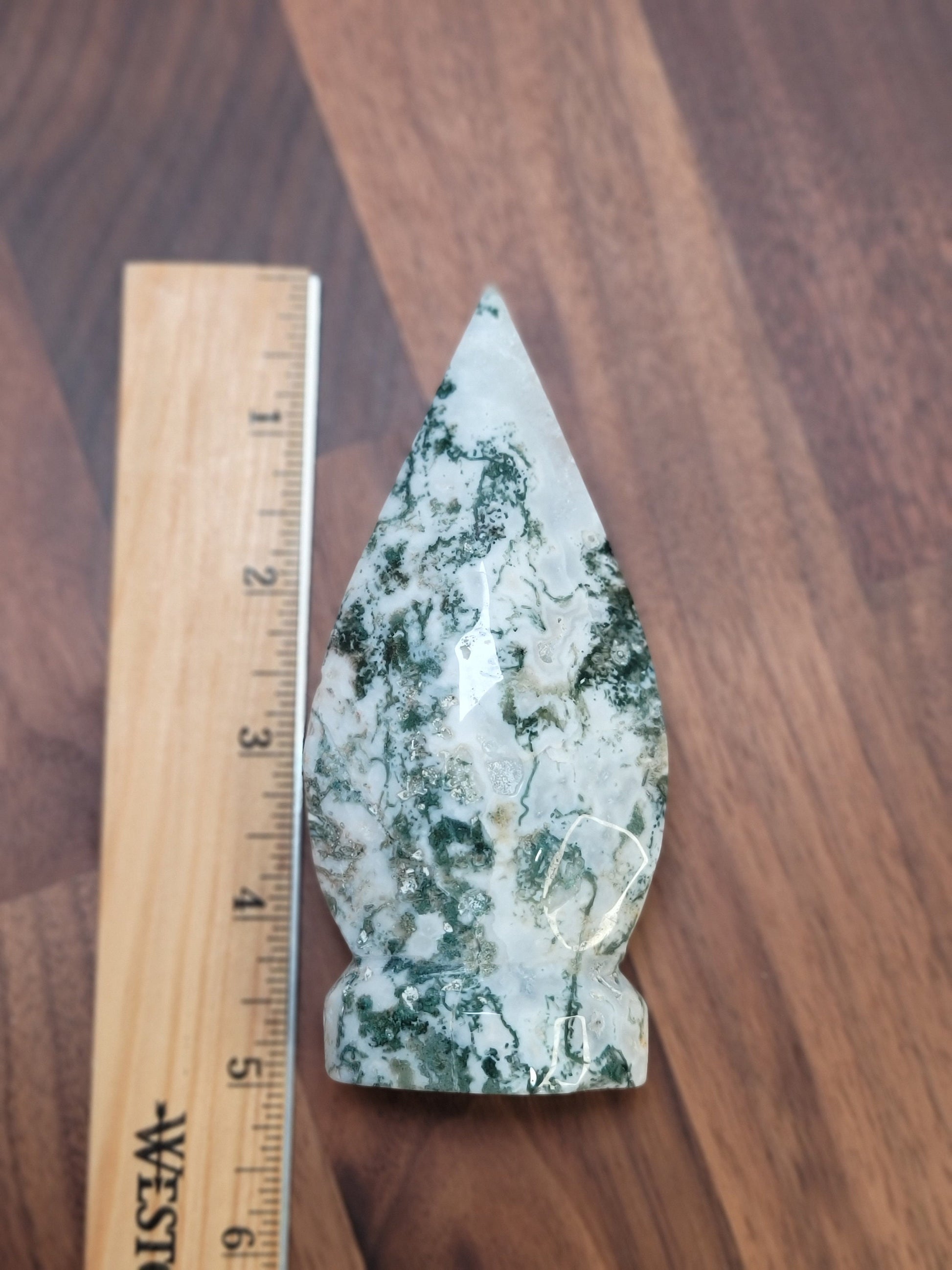 Moss Agate Crystal Flame, Druzy Quartz (Large 4.8in x 2.2in)