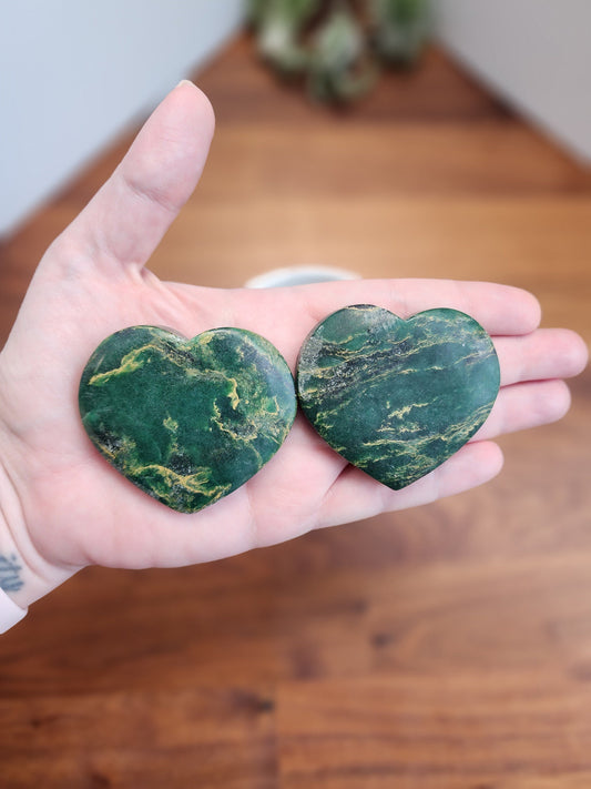 Green Mica Crystal Heart: Emerald Green with Yellow Inclusions (2")