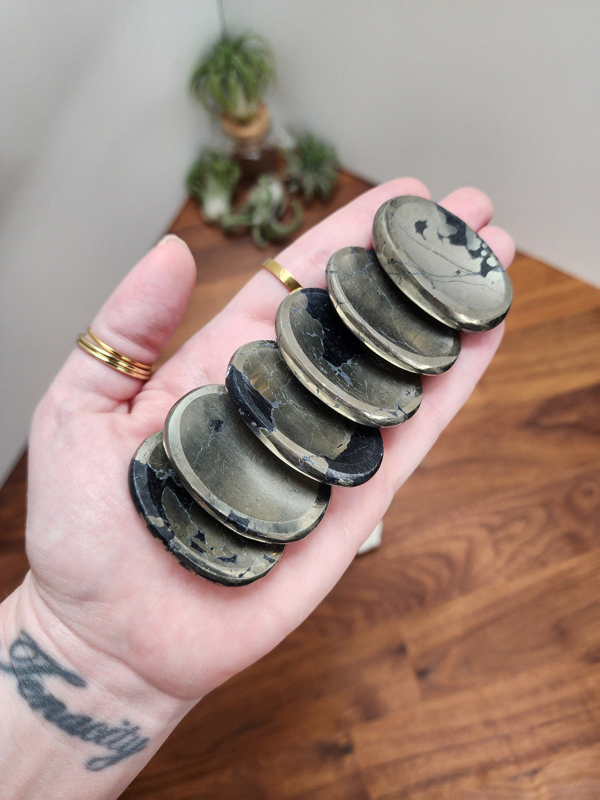 Pyrite Worry Stone | 1.77" | Fools Gold | Black Inclusions | Father's Day Gifts | 2024 | Pocket Crystals | ADHD Fidget | Intuitively Chosen