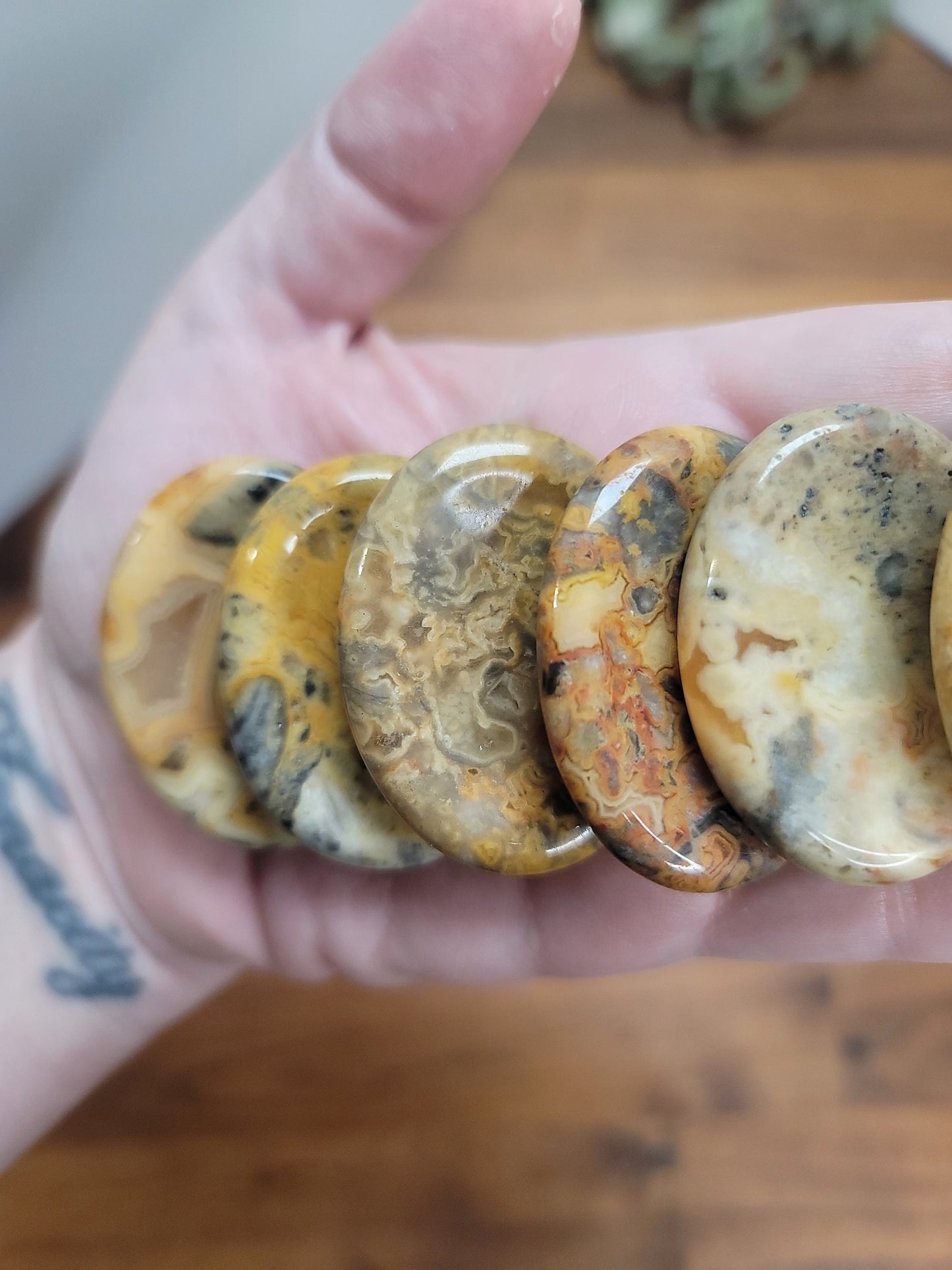 Yellow Crazy Lace Worry Stone: Marbled Pocket Crystal, ADHD Fidget (1.77")