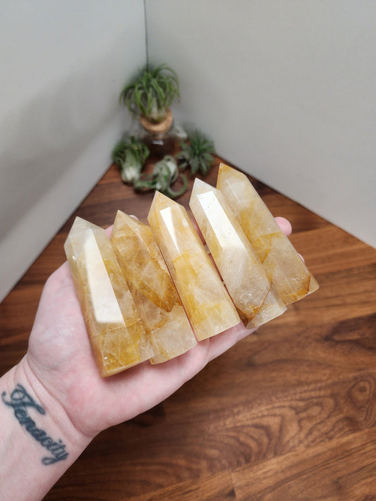 Golden Healer Towers | Yellow Crystal Points with Rainbows | Clear Quarts Obelisk with Golden Healer Inclusions | Intuitively Chosen