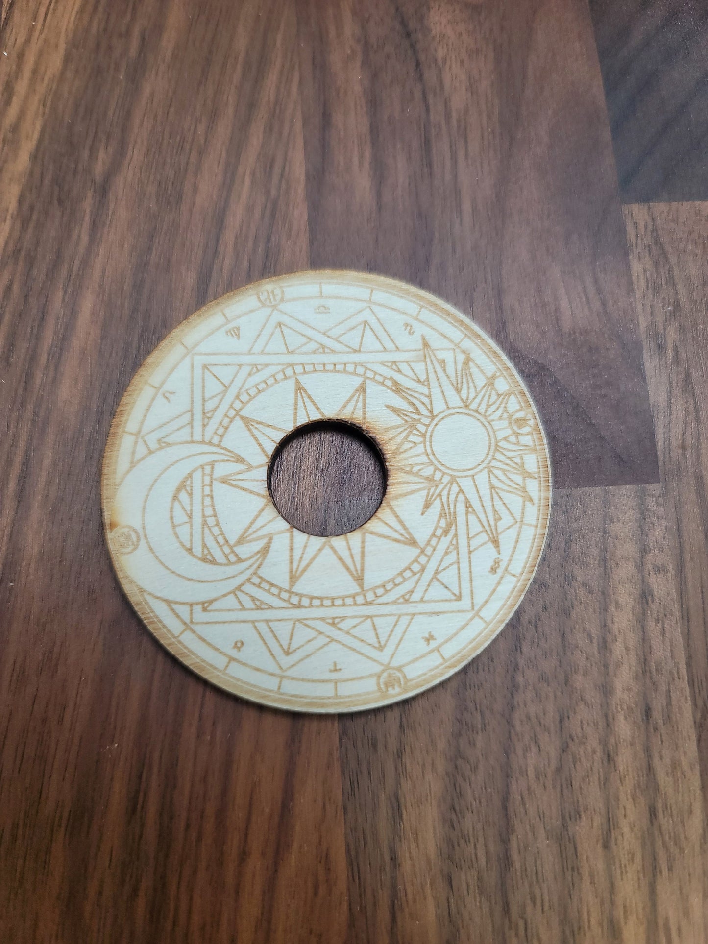 Etched Wood Crystal Ball Stand: Sun and Moon Design (2.75 inch)