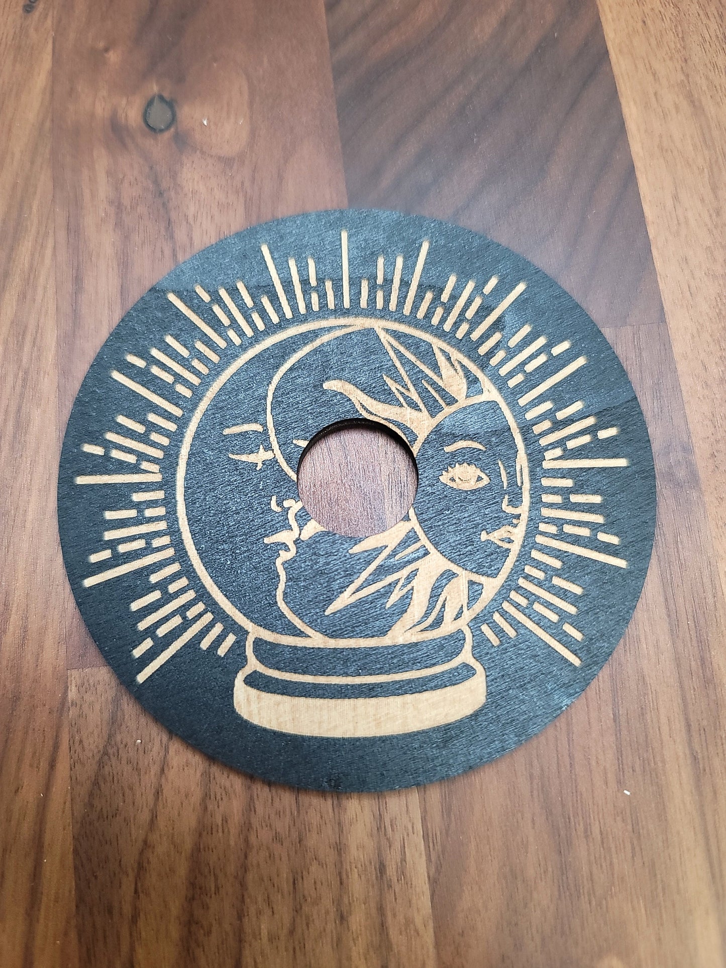 Etched Sun & Moon Sphere Stand: Black Wood Crystal Ball Holder