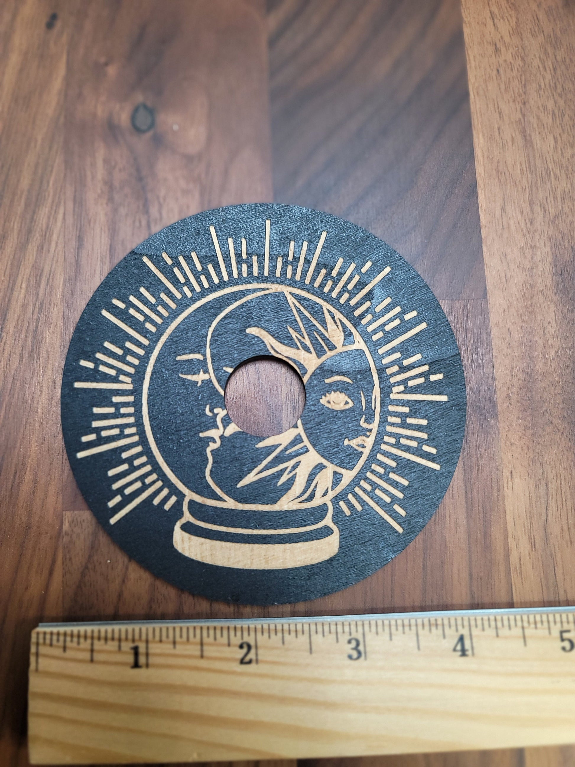Etched Sun & Moon Sphere Stand: Black Wood Crystal Ball Holder