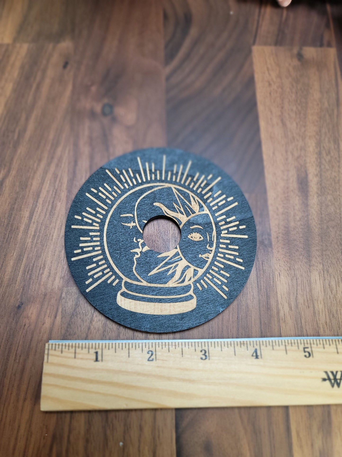 Etched Sun & Moon Sphere Stand: Black Wood Crystal Ball Holder