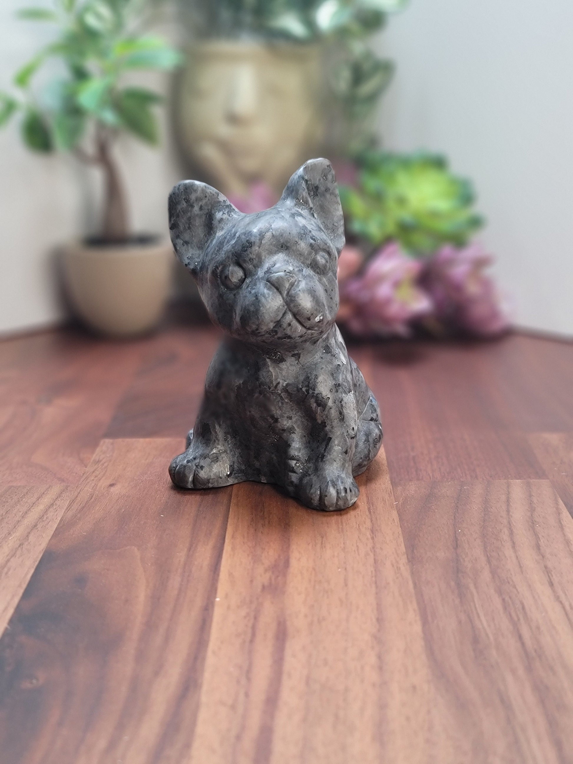 Crystal Bulldog Carving: Larvikite Stone Sculpture (4.25 Inches)