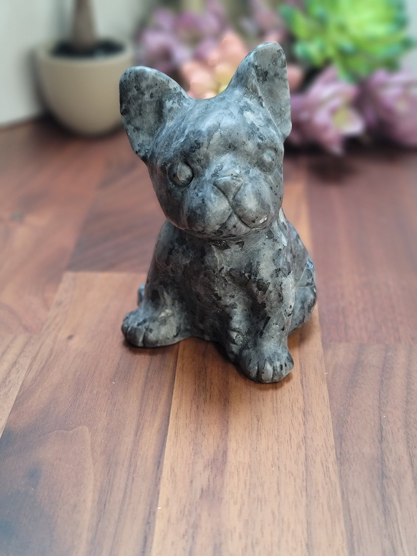 Crystal Bulldog Carving: Larvikite Stone Sculpture (4.25 Inches)