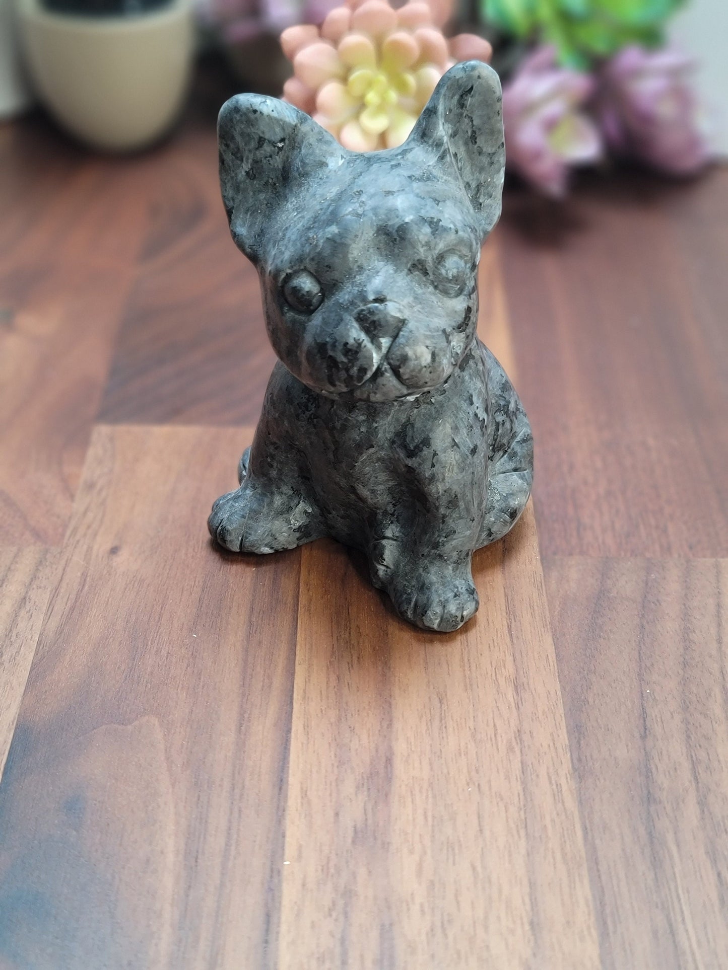 Larvikite Crystal French Bulldog Carving: Flashy Stone Decor (4.25 inch)