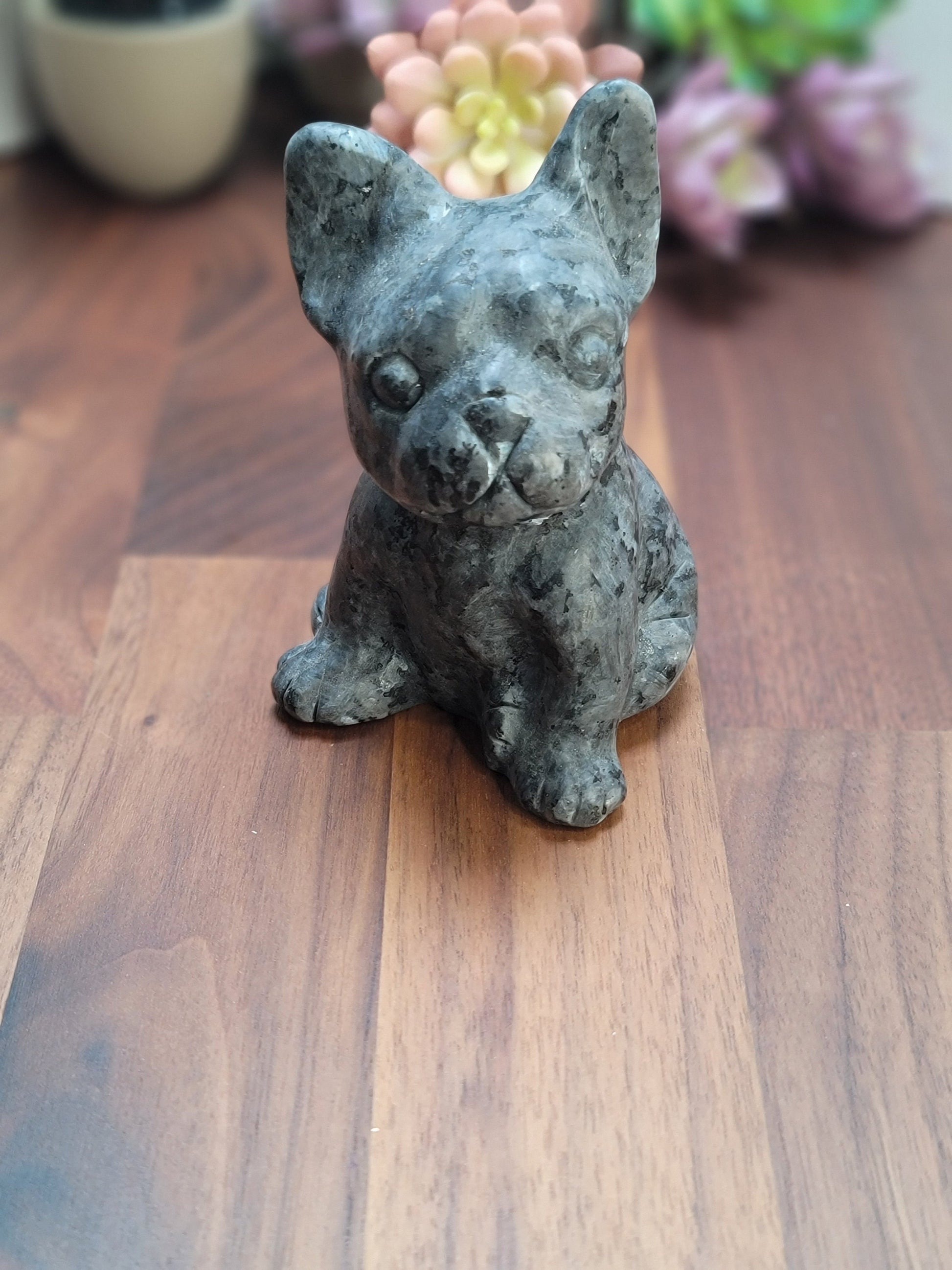 Larvikite Crystal French Bulldog Carving: Flashy Stone Decor (4.25 inch)