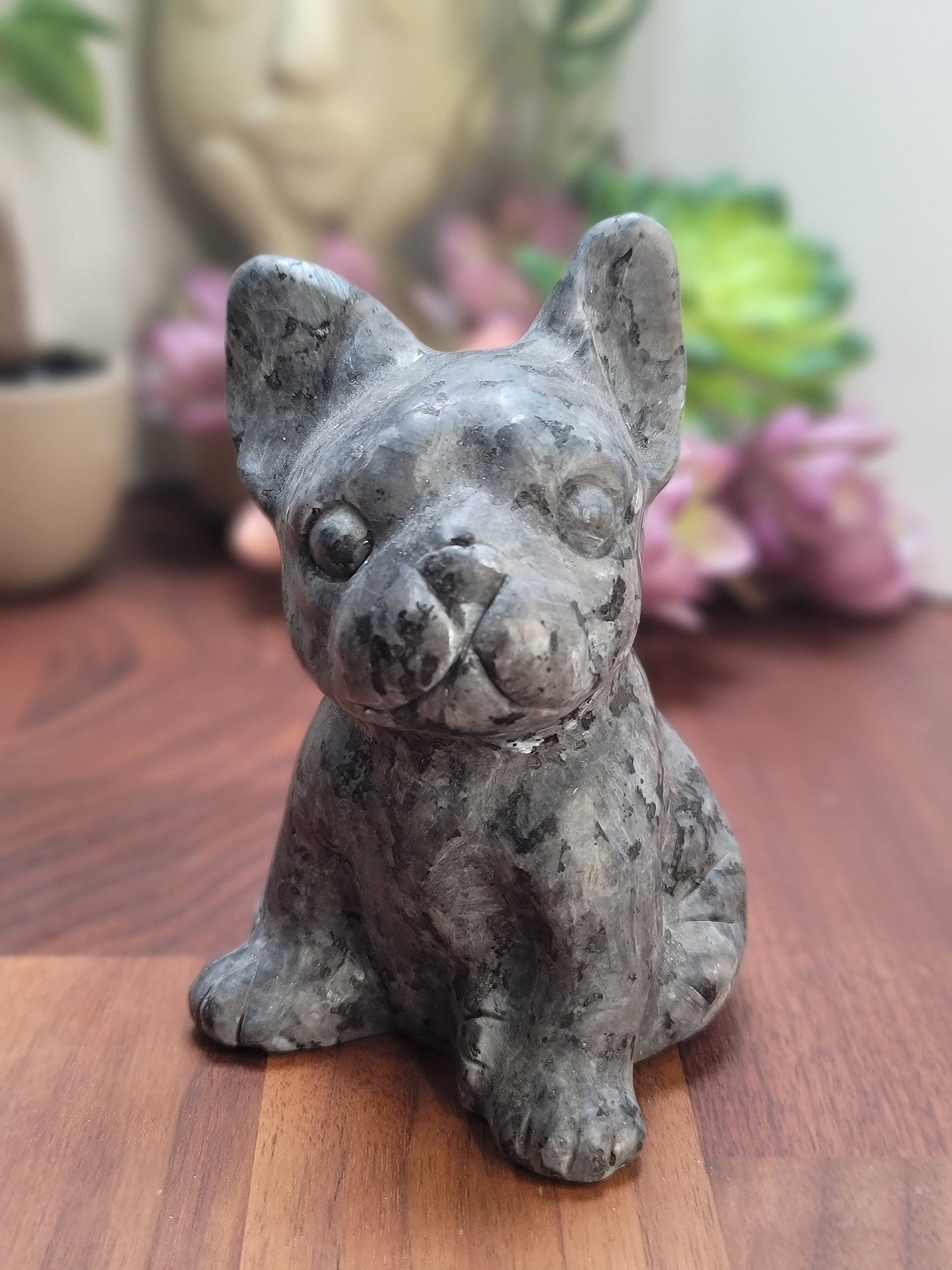 Larvikite Crystal French Bulldog Carving: Flashy Stone Decor (4.25 inch)