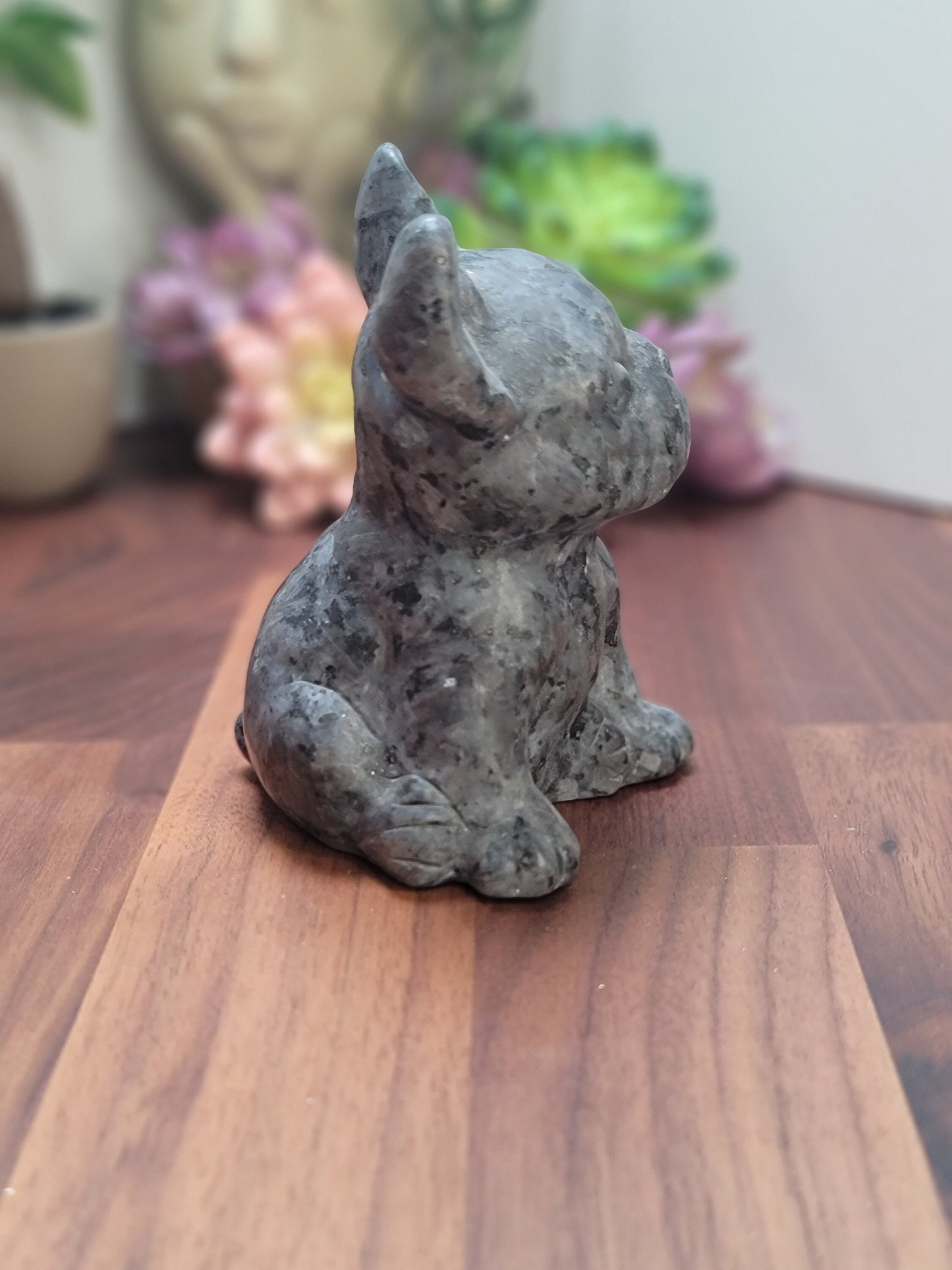 Larvikite Crystal French Bulldog Carving: Flashy Stone Decor (4.25 inch)