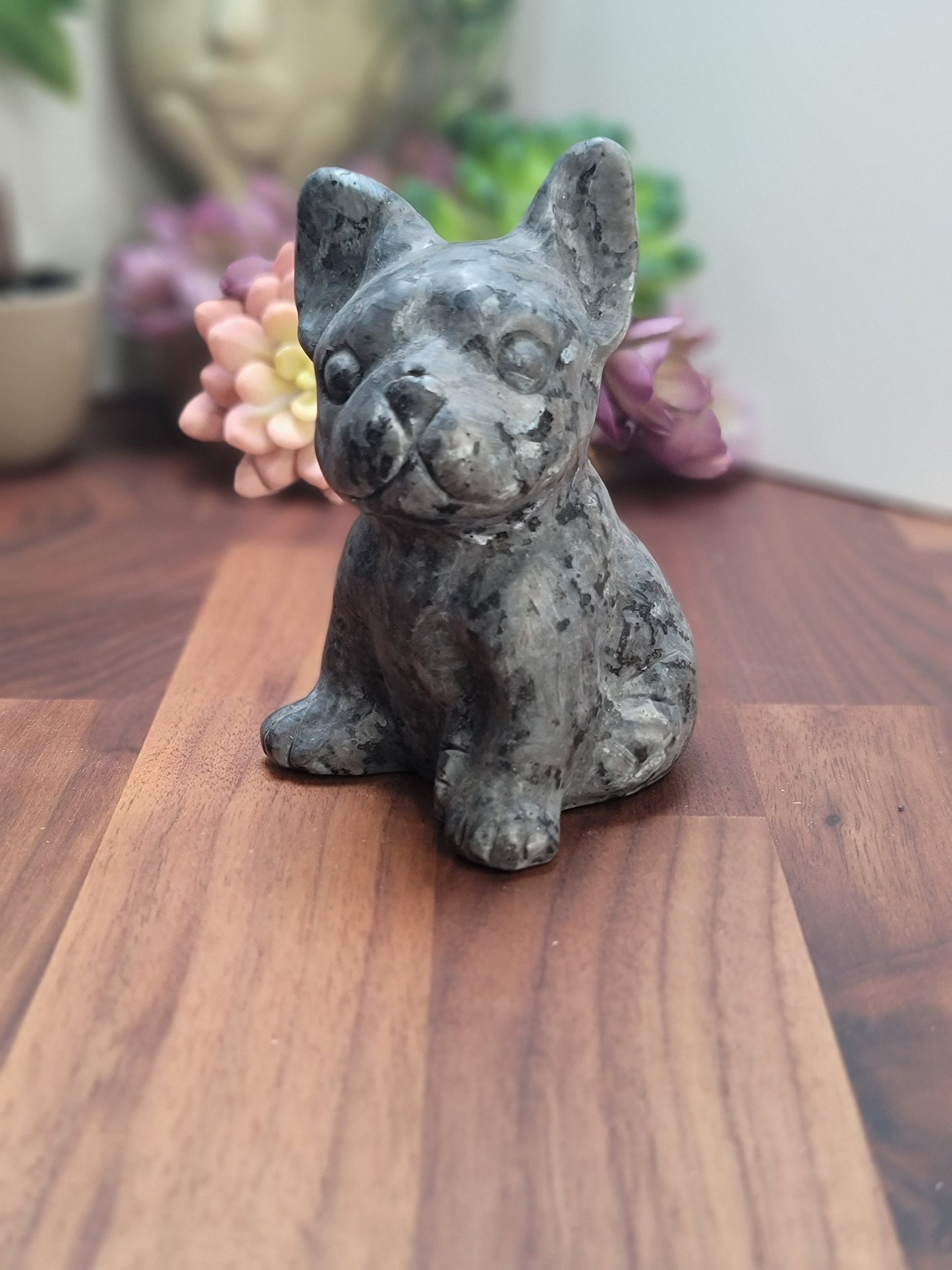 Larvikite Crystal French Bulldog Carving: Flashy Stone Decor (4.25 inch)