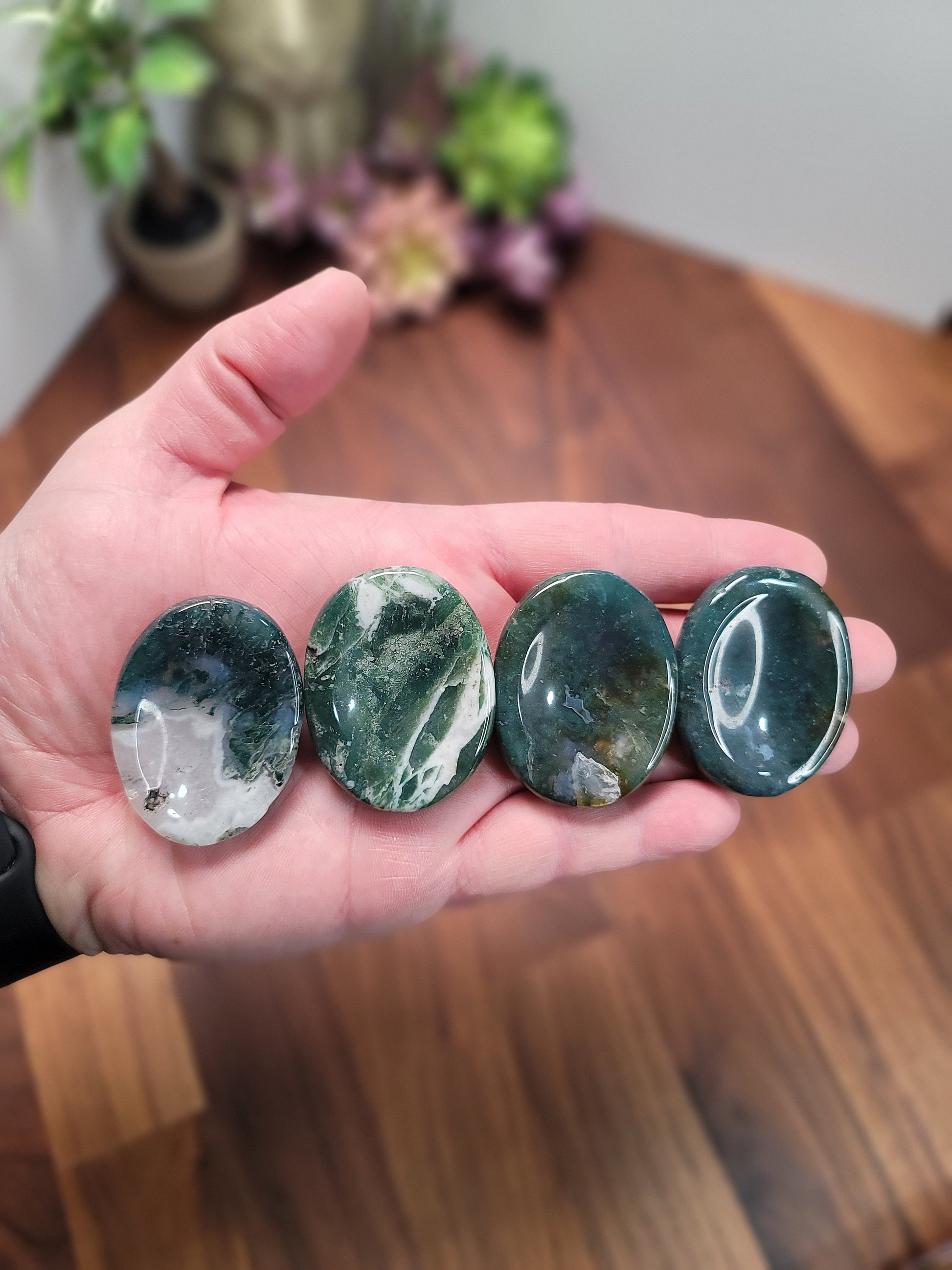 Chunky Green Moss Agate Worry Stone: Pocket Fidget Crystal (50 MM)