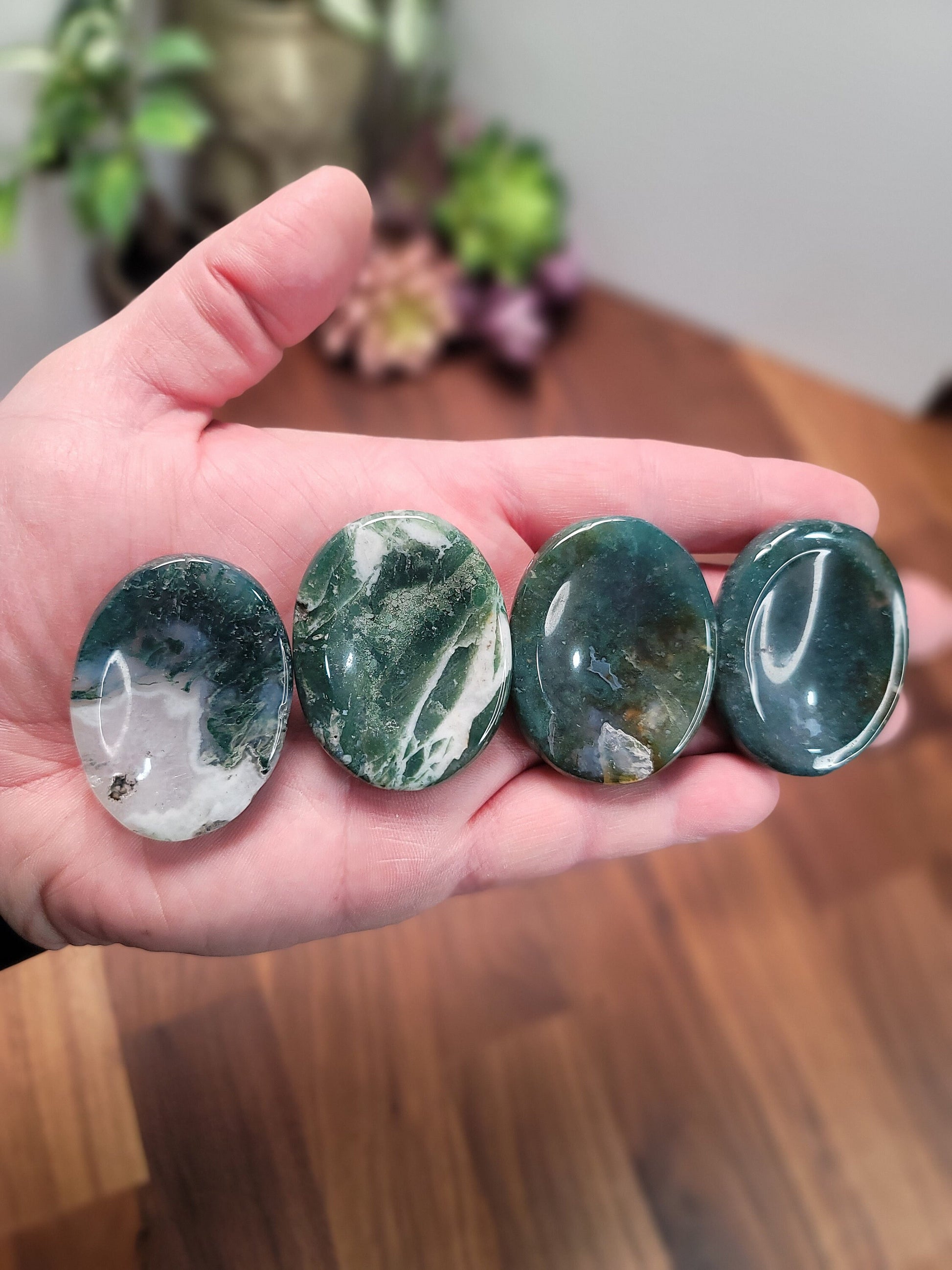 Chunky Green Moss Agate Worry Stone: Pocket Fidget Crystal (50 MM)