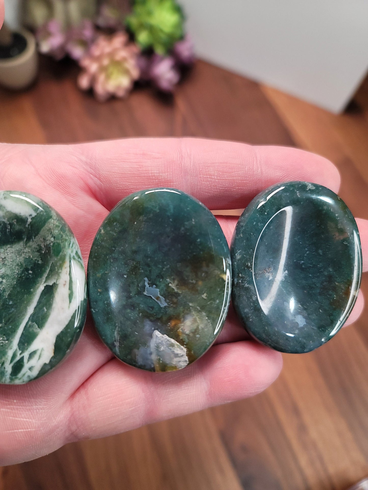 Chunky Green Moss Agate Worry Stone: Pocket Fidget Crystal (50 MM)