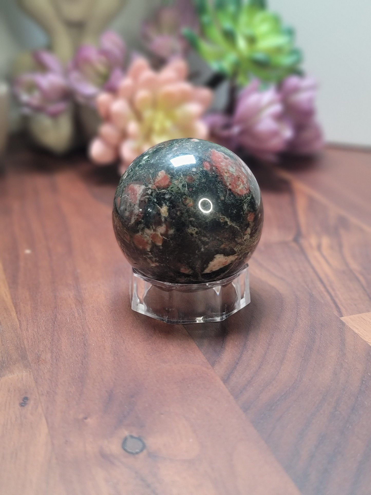 Eclogite Garnet Sphere: Green, Pink, and White Crystal (56 MM)